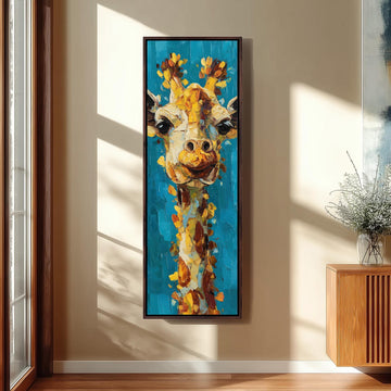 a large, colorful painting of a giraffe hanging on a wall in a room.