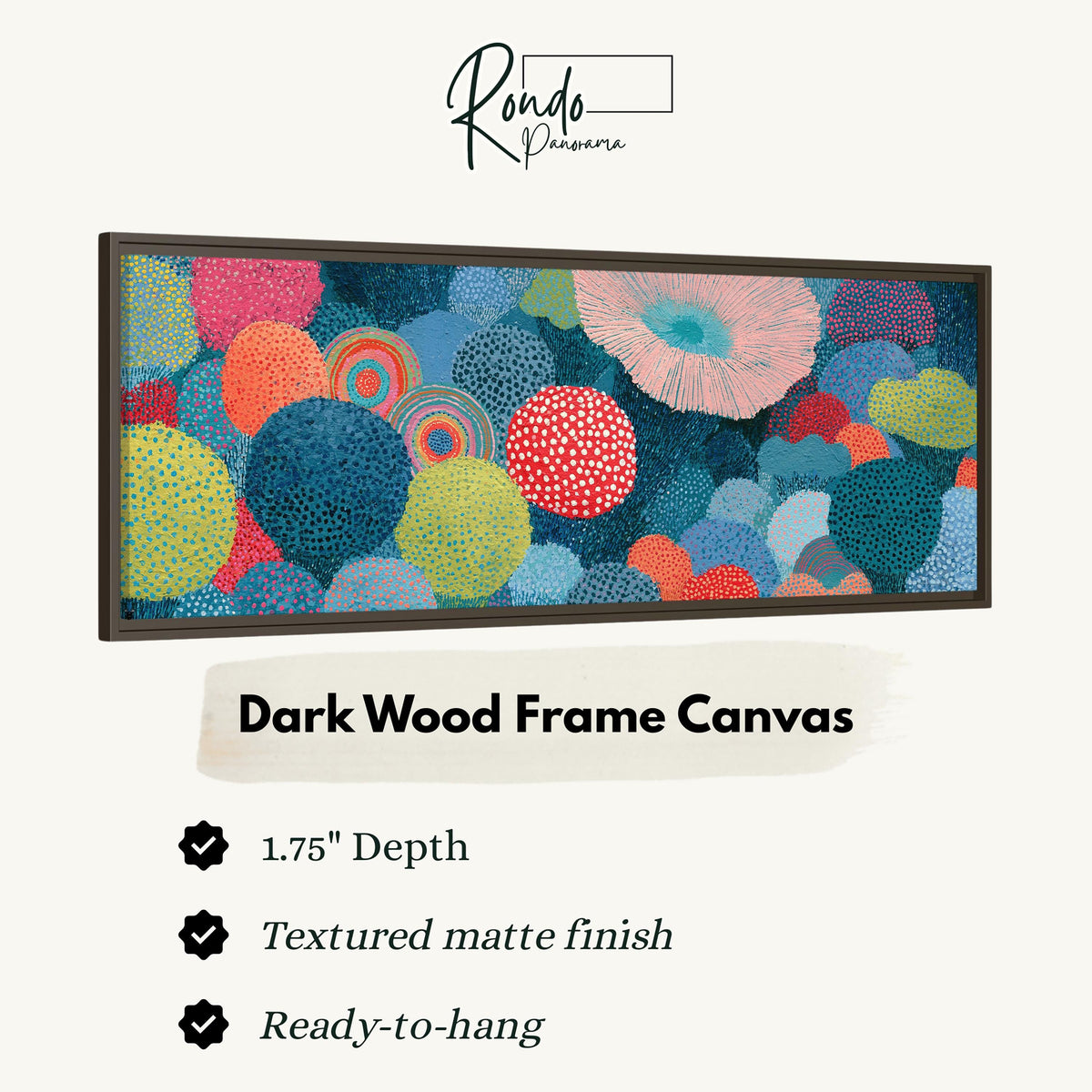 Coral spirals and dotted circles canvas print in a dark wood floating frame