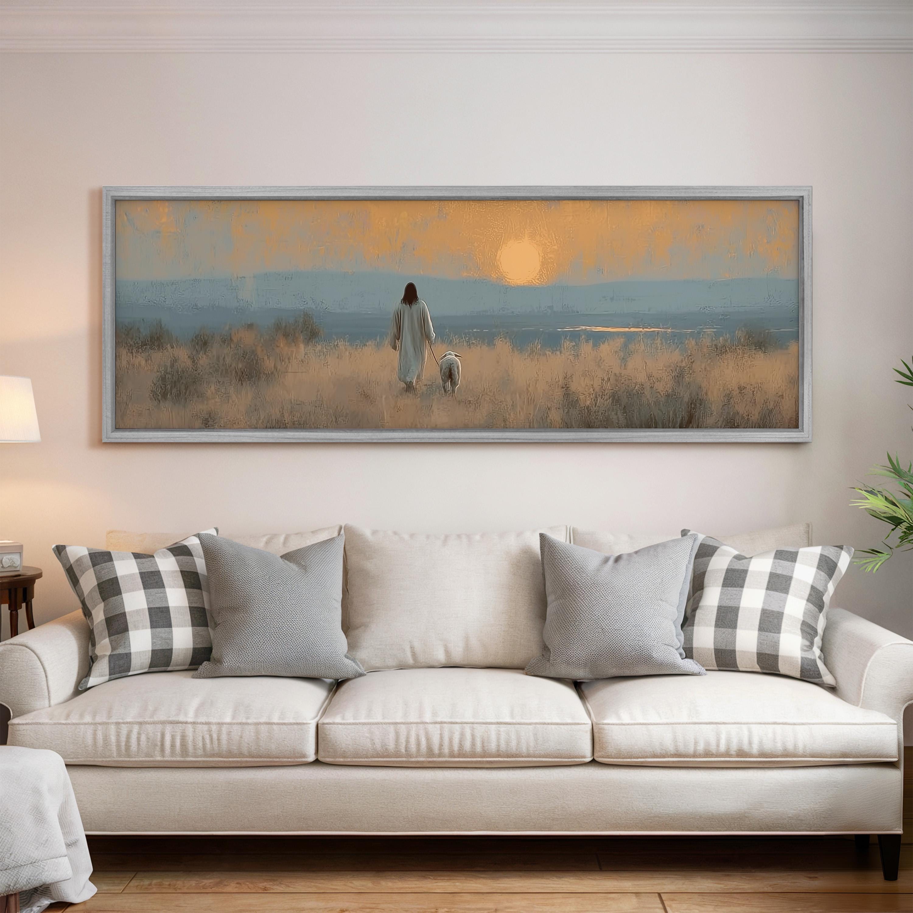 a large painting of a woman and a dog in a field, with a sunset in the background.