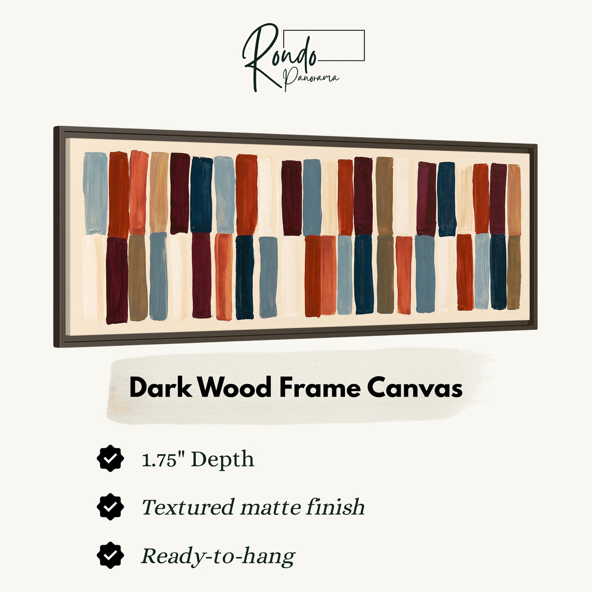 Two tiers of staggered stripe blocks canvas print in a dark wood floating frame