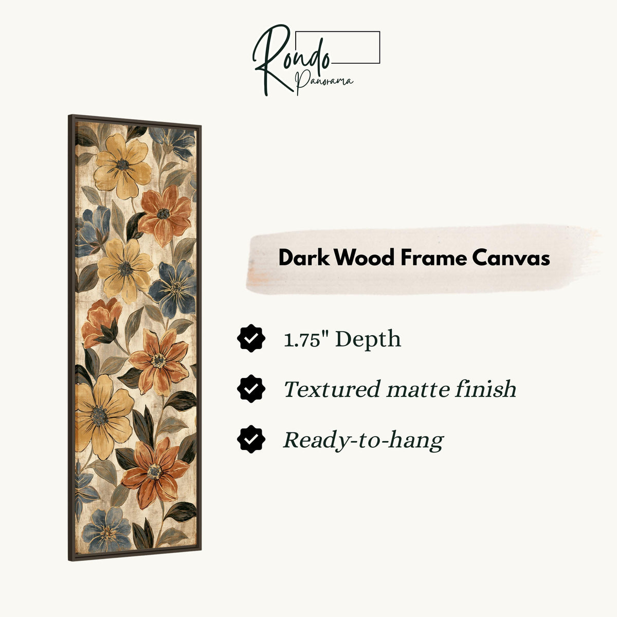 Gold and blue floral pattern canvas print in a dark wood floating frame