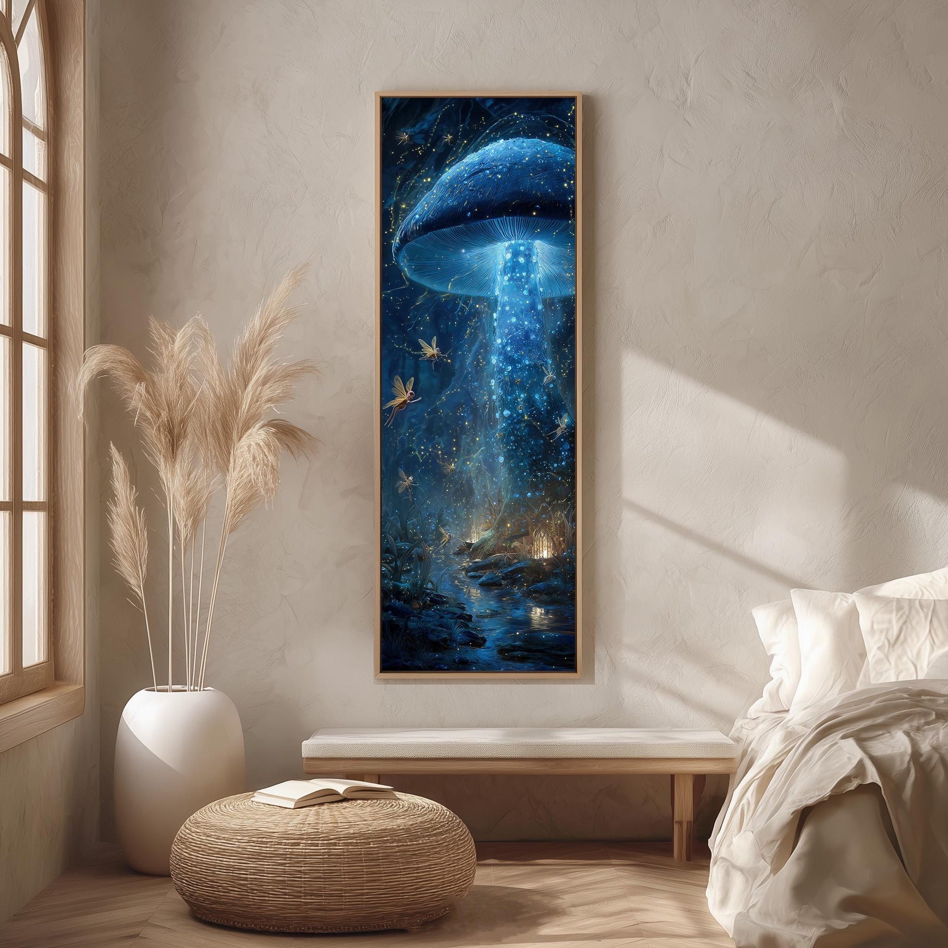 a large, colorful painting of a mushroom-like creature with a glowing blue aura, hanging on a wall in a room with a window, a white bench, and a woven ottoman.
