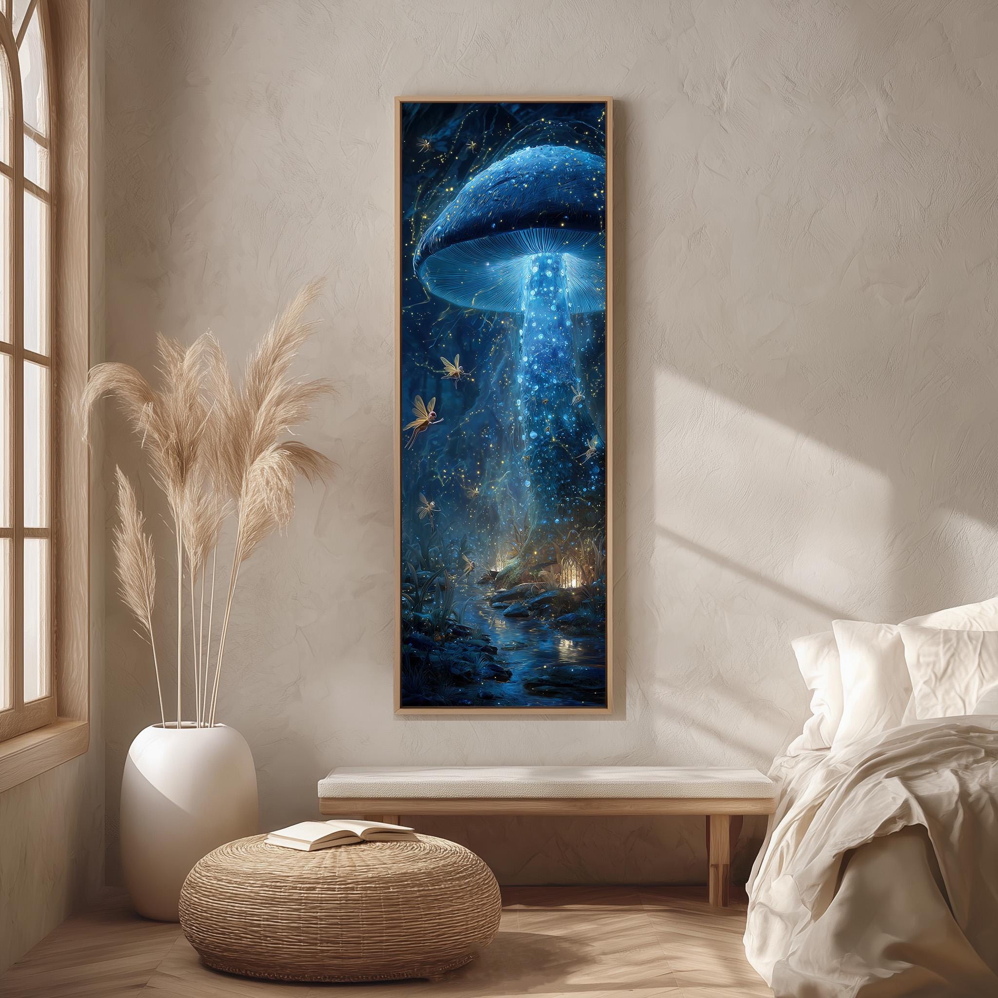 a large, colorful painting of a mushroom-like creature with a glowing blue aura, hanging on a wall in a room with a window, a white bench, and a woven ottoman.