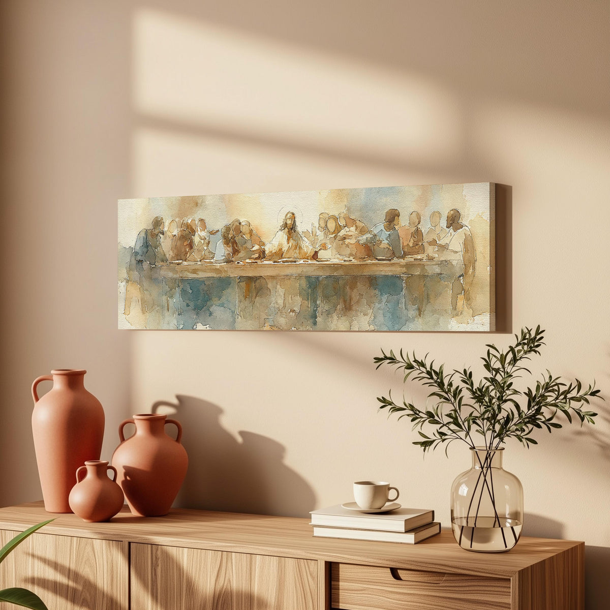 The Last Supper in watercolor long horizontal canvas print displayed on a wall