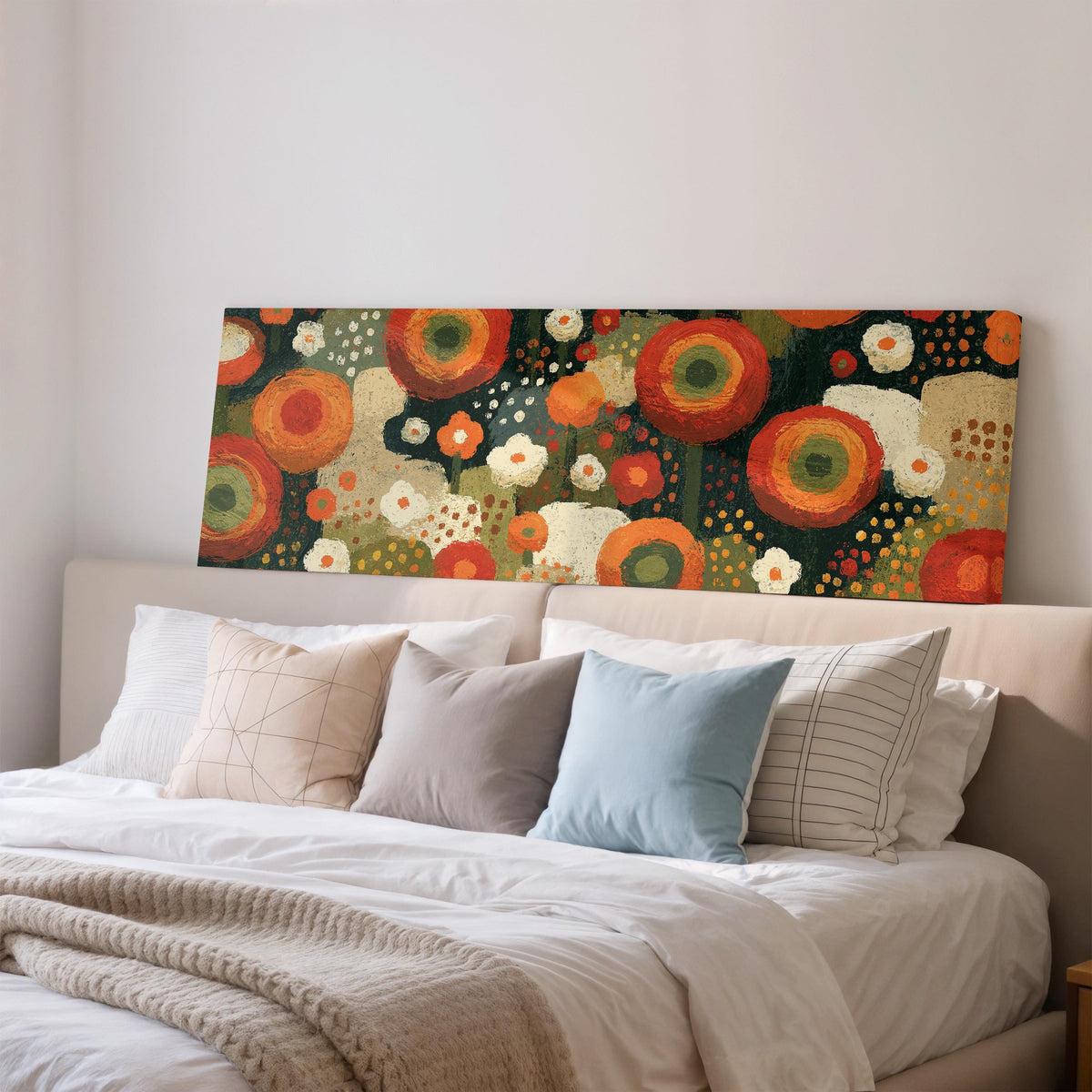 Concentric poppy rings wide panoramic canvas print above a bed in a bedroom