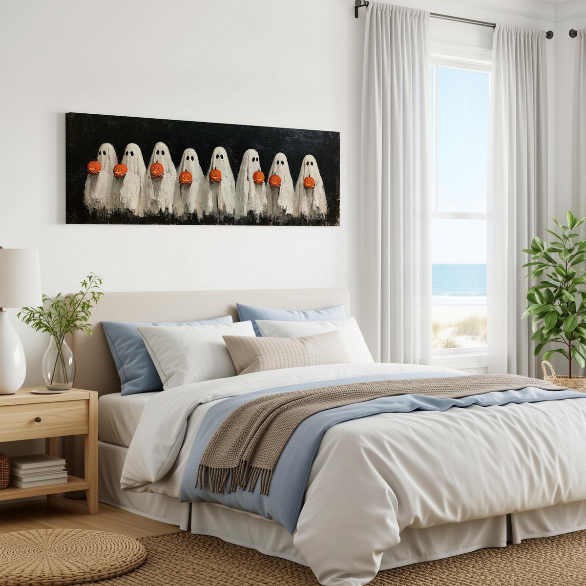 Crowd of huddled ghosts with pumpkins panoramic canvas print above a bed in a coastal bedroom
