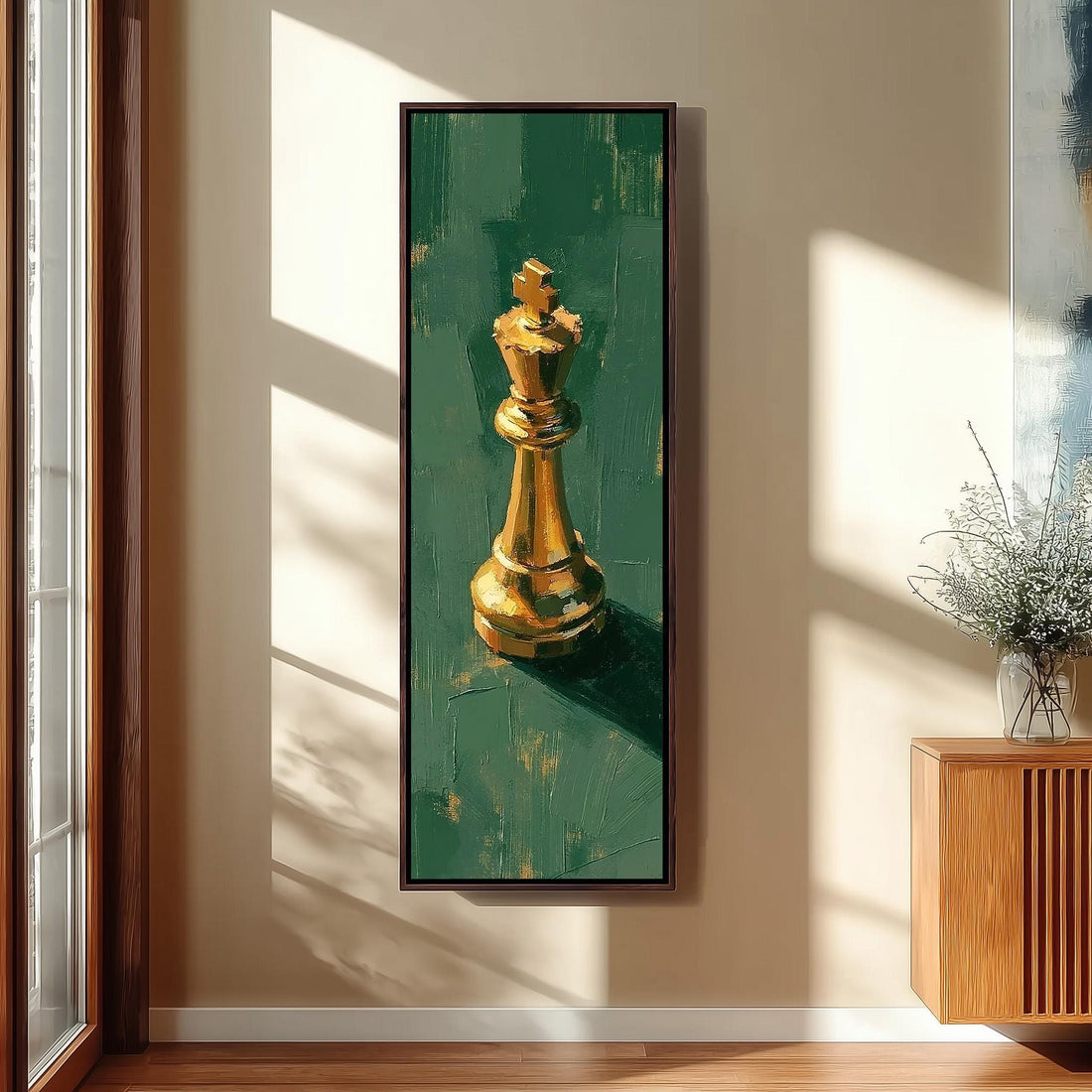 Golden chess king on green long vertical canvas print in a sunlit living space