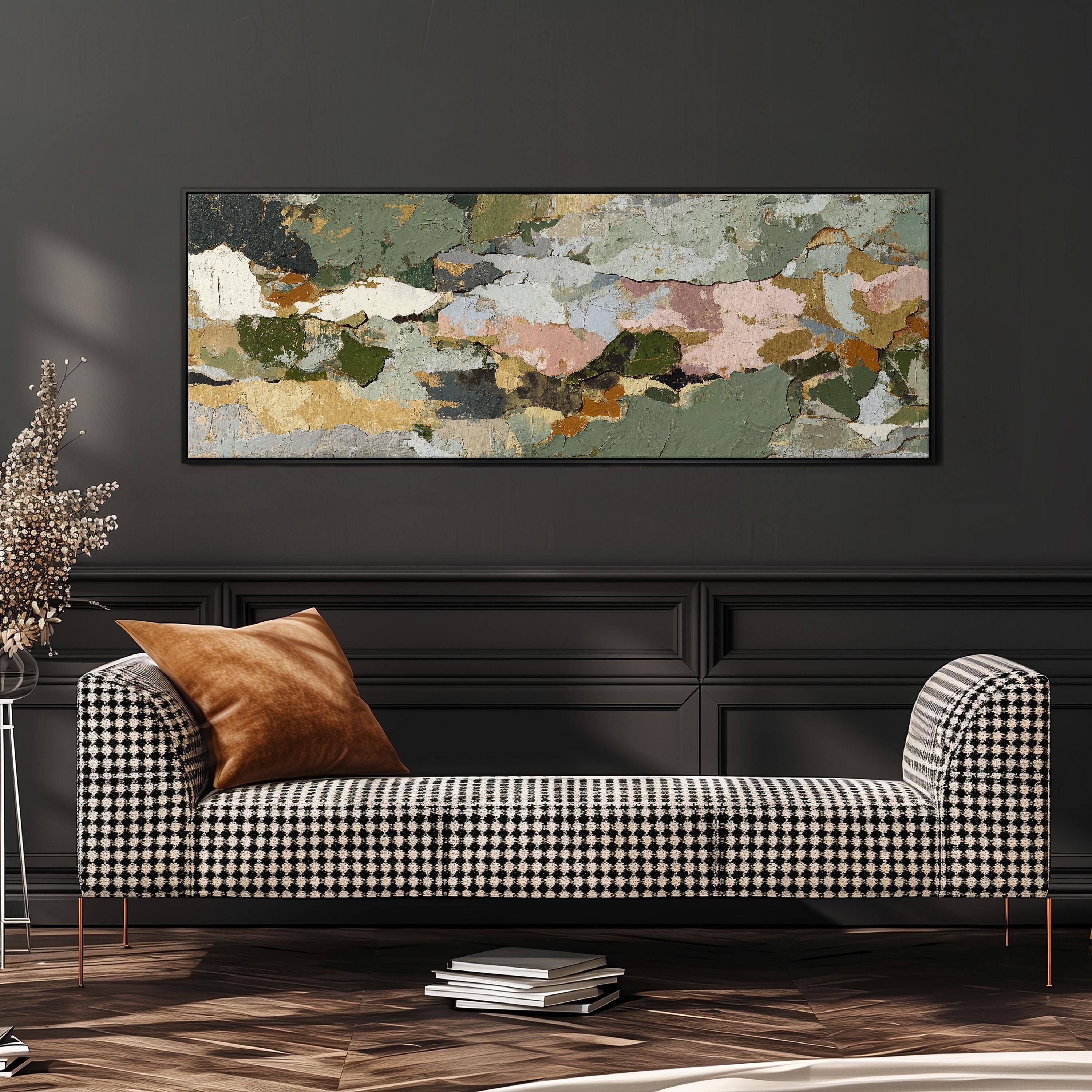 a black and white checkered sofa with a brown throw pillow, set against a dark wall with a large abstract painting hanging above it.