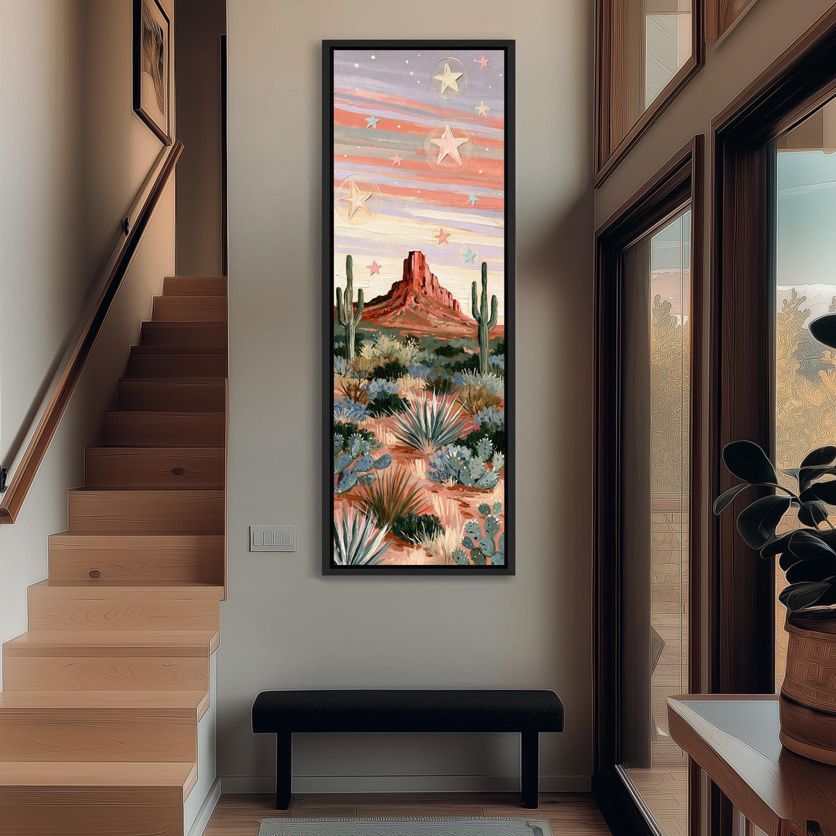Red butte and cacti under a pastel starry sky tall narrow canvas print beside a staircase in an entryway