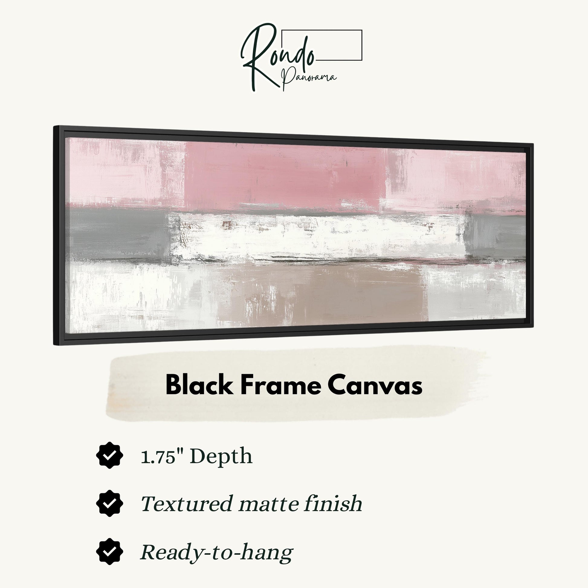 The image is a product advertisement for a black frame canvas. It features a large abstract painting with a pink and white color scheme. The advertisement highlights the canvas's features, including its 1.75" depth, textured matte finish, and ready-to-hang nature.