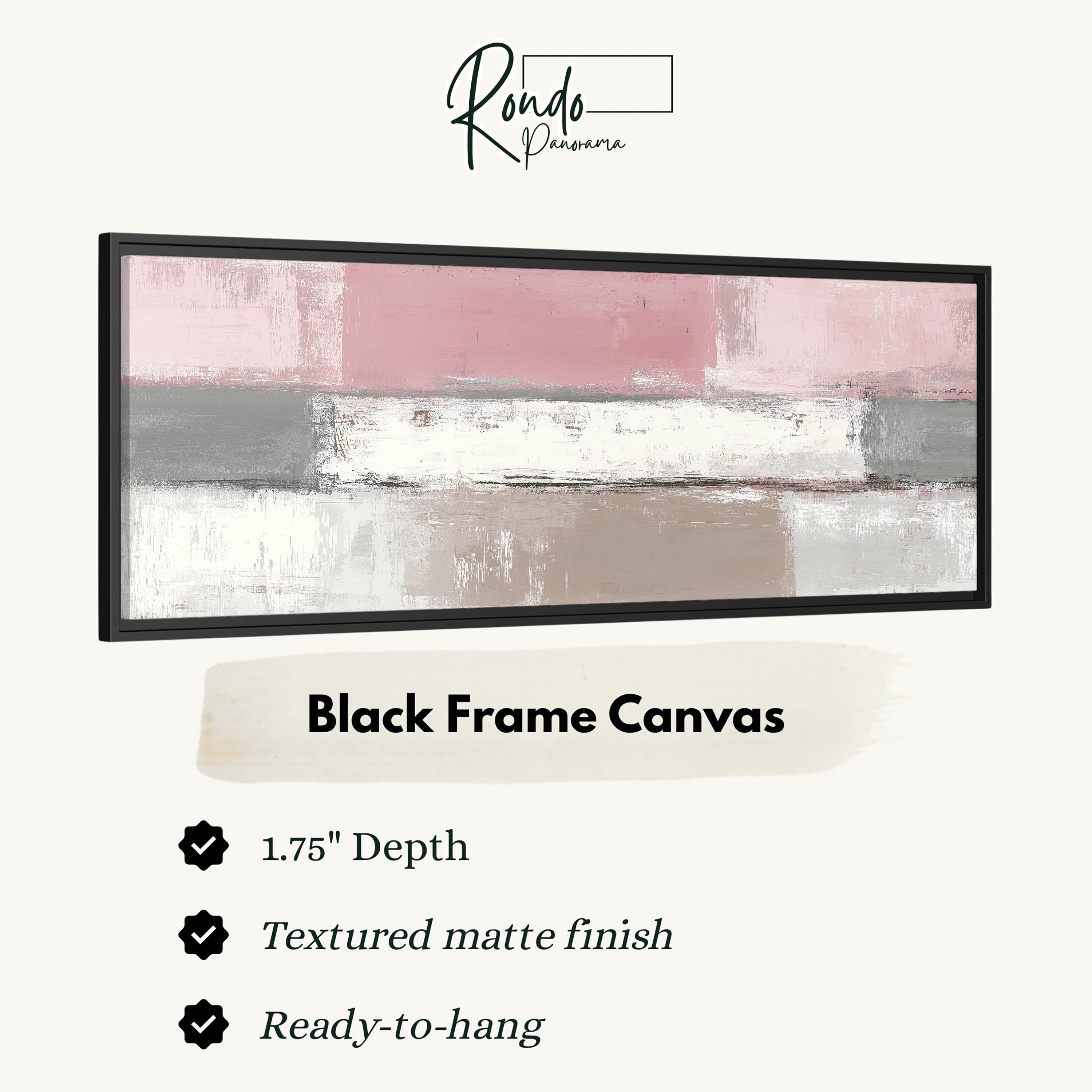 The image is a product advertisement for a black frame canvas. It features a large abstract painting with a pink and white color scheme. The advertisement highlights the canvas's features, including its 1.75" depth, textured matte finish, and ready-to-hang nature.