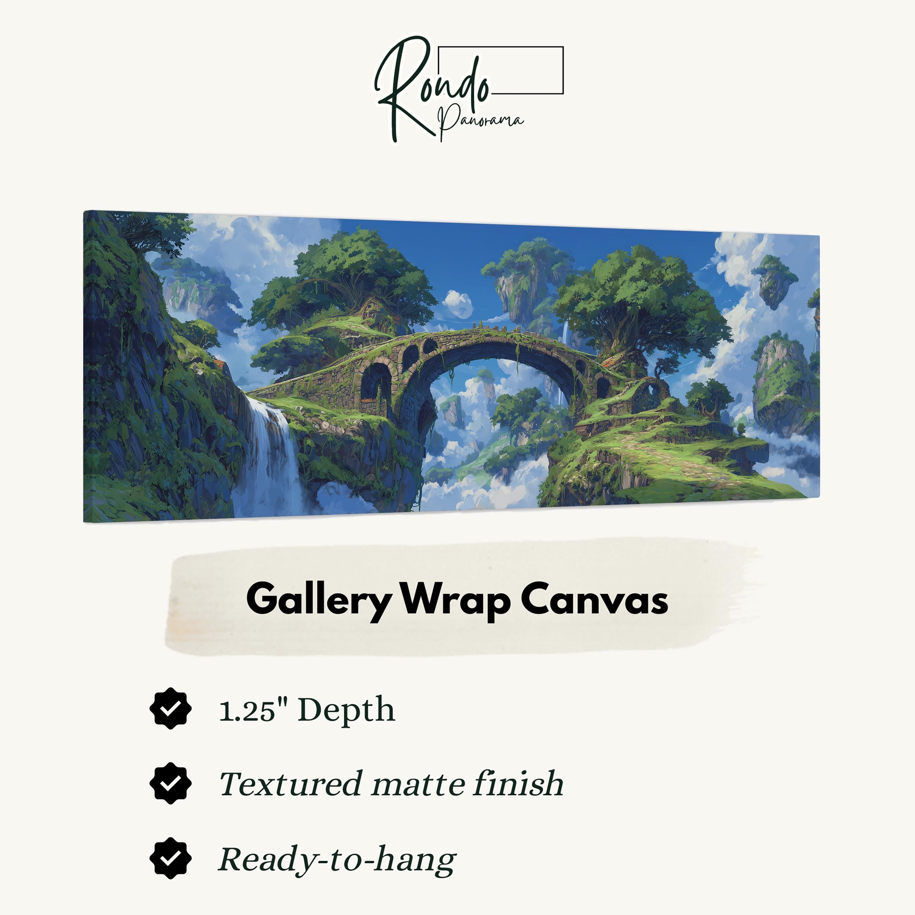 The image is a painting of a bridge over a waterfall, with a lush, green landscape surrounding it.