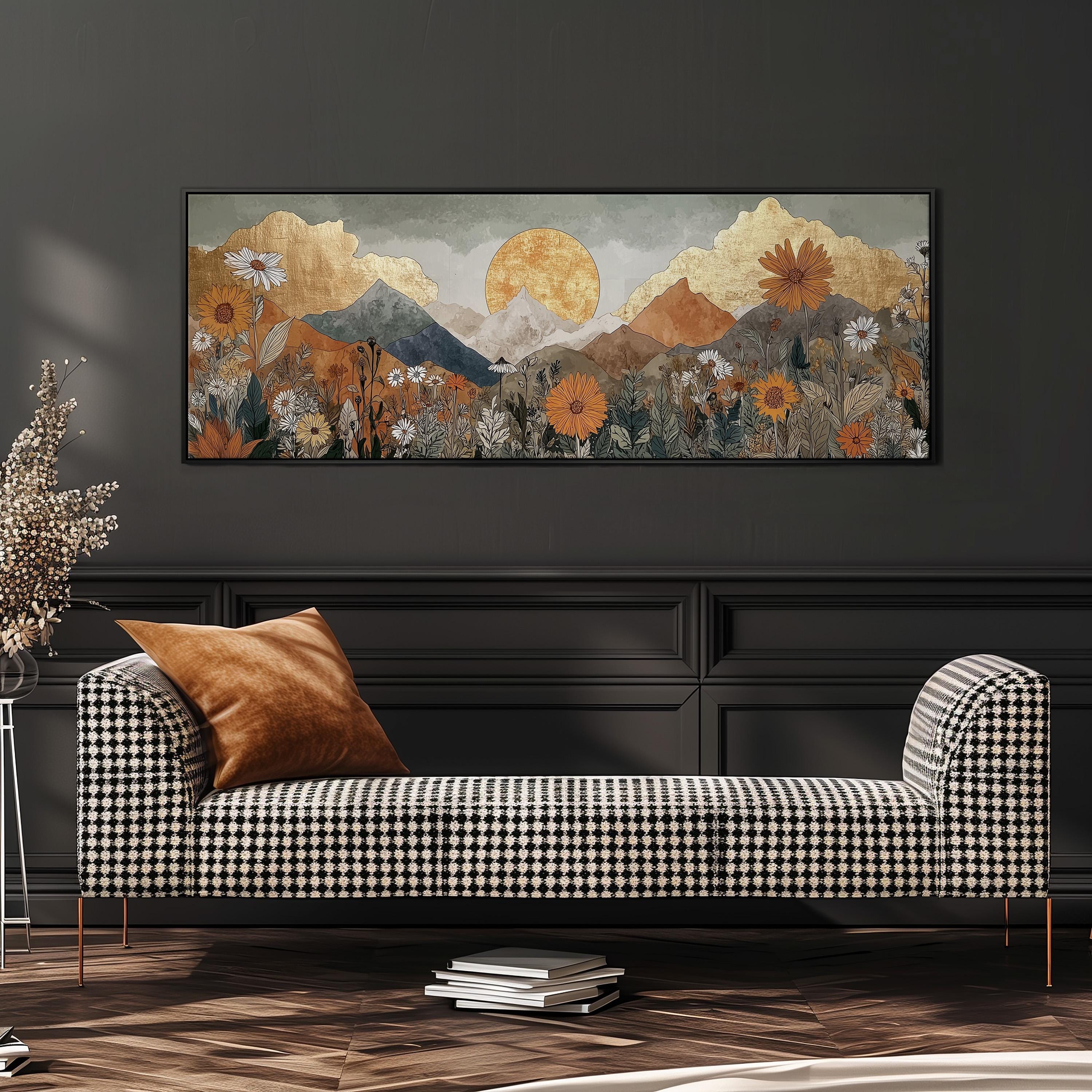 a large, colorful painting of a mountainous landscape with flowers and foliage, hanging on a wall above a black and white checkered sofa.