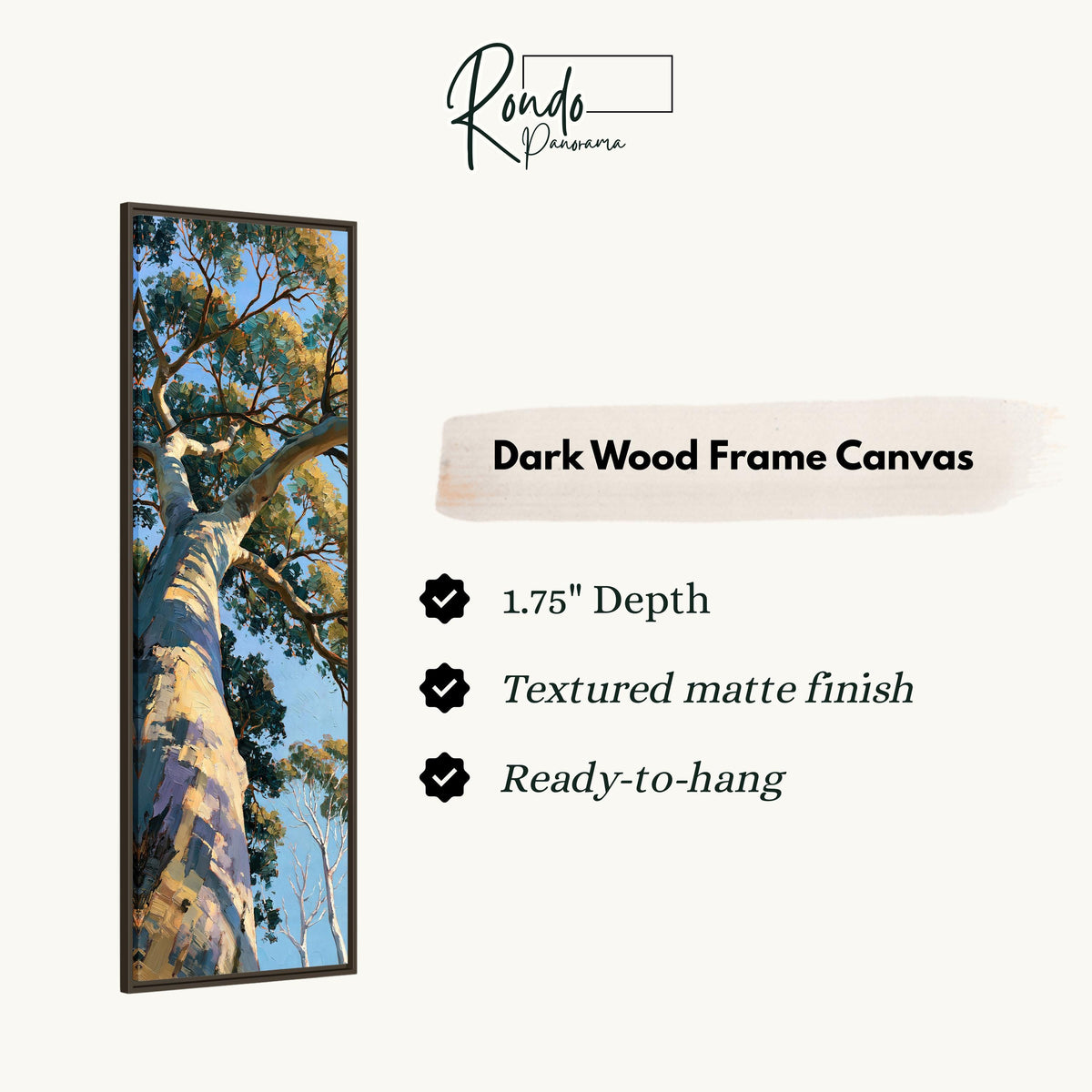 Gum tree trunk rising into a sunlit canopy canvas print in a dark wood floating frame