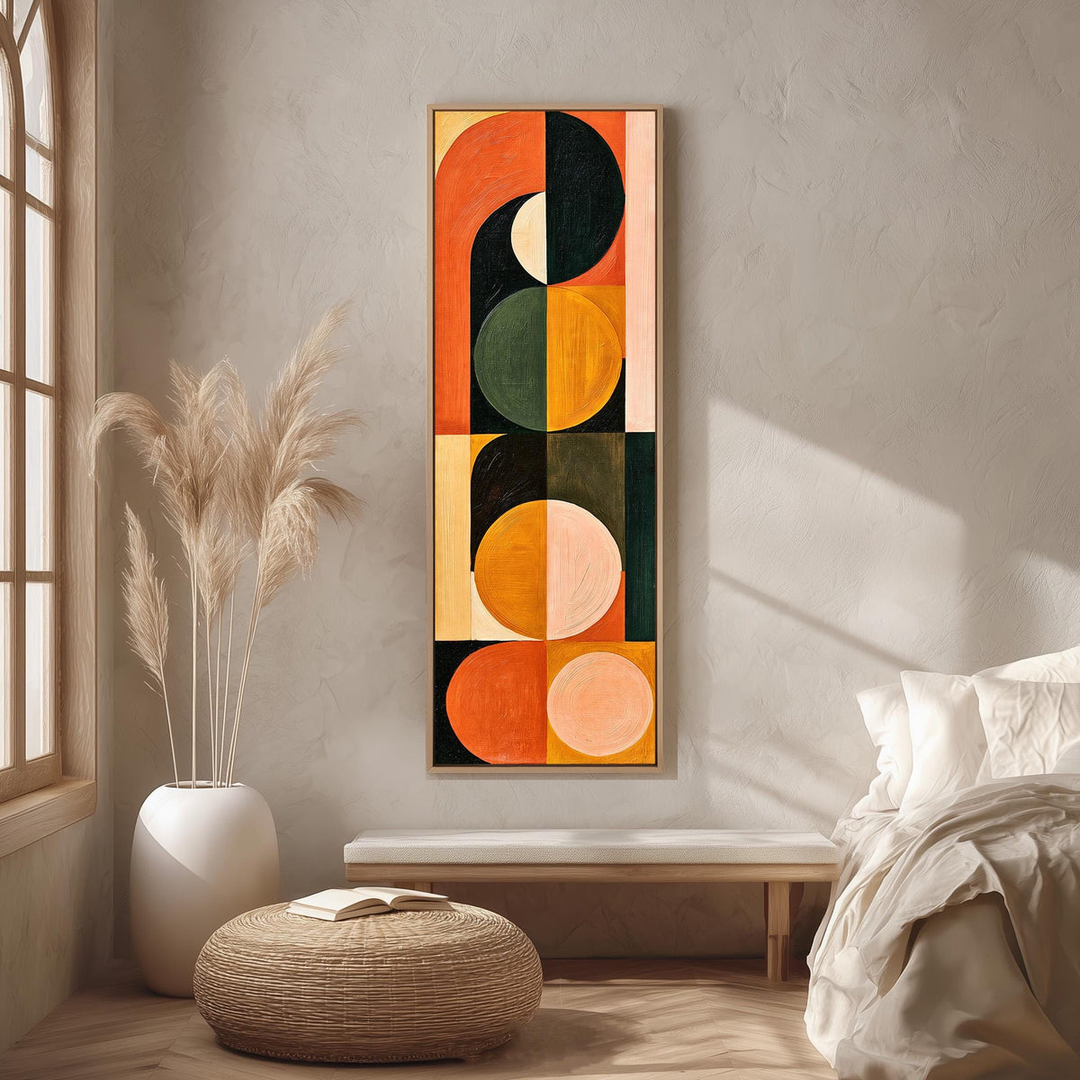 Stacked half moons and circles in orange and olive long vertical canvas print in a bright reading corner