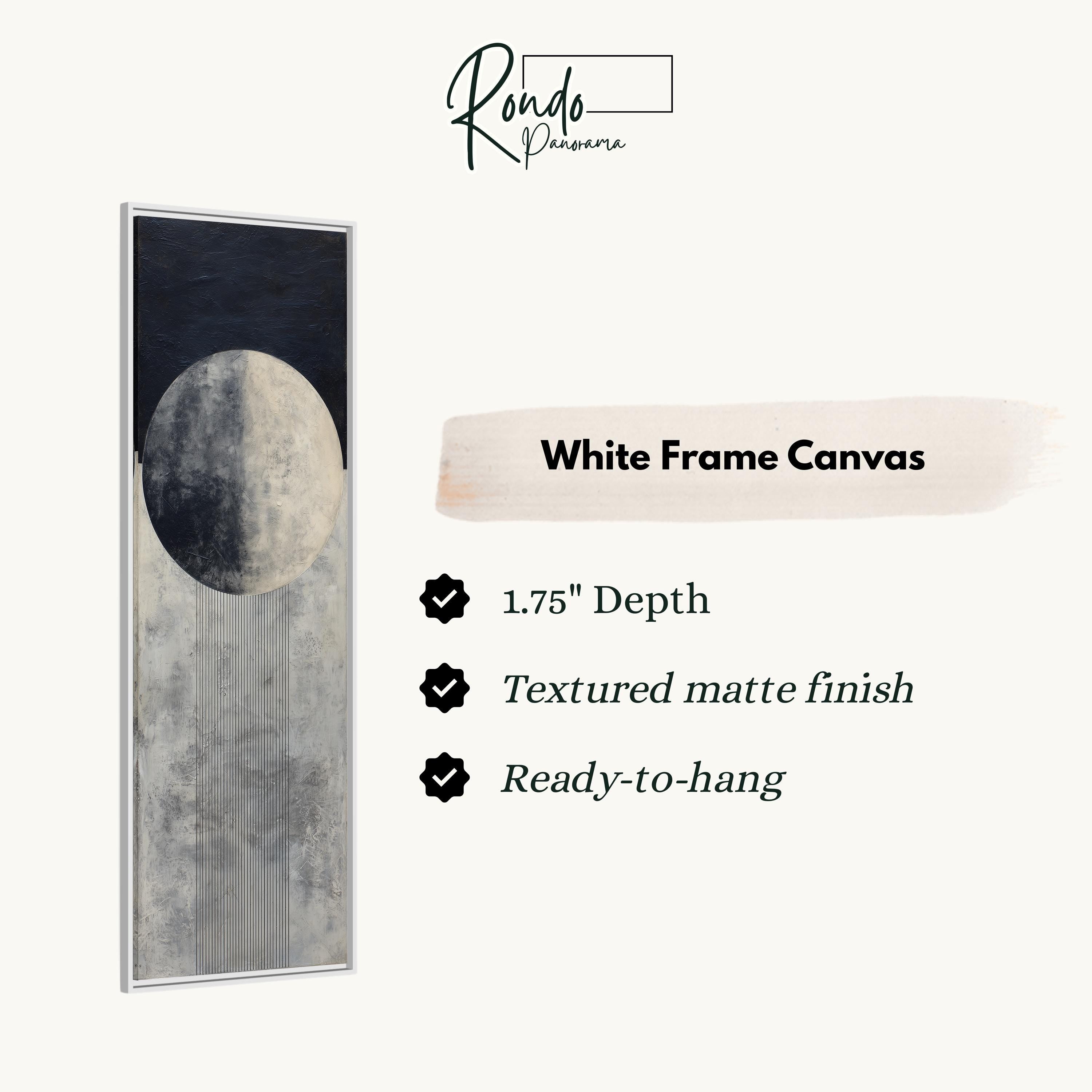 The image is a product description for a white frame canvas. It features a black and white abstract painting of a circle and a line, with a white frame. The canvas has a 1.75" depth, a textured matte finish, and is ready to hang.