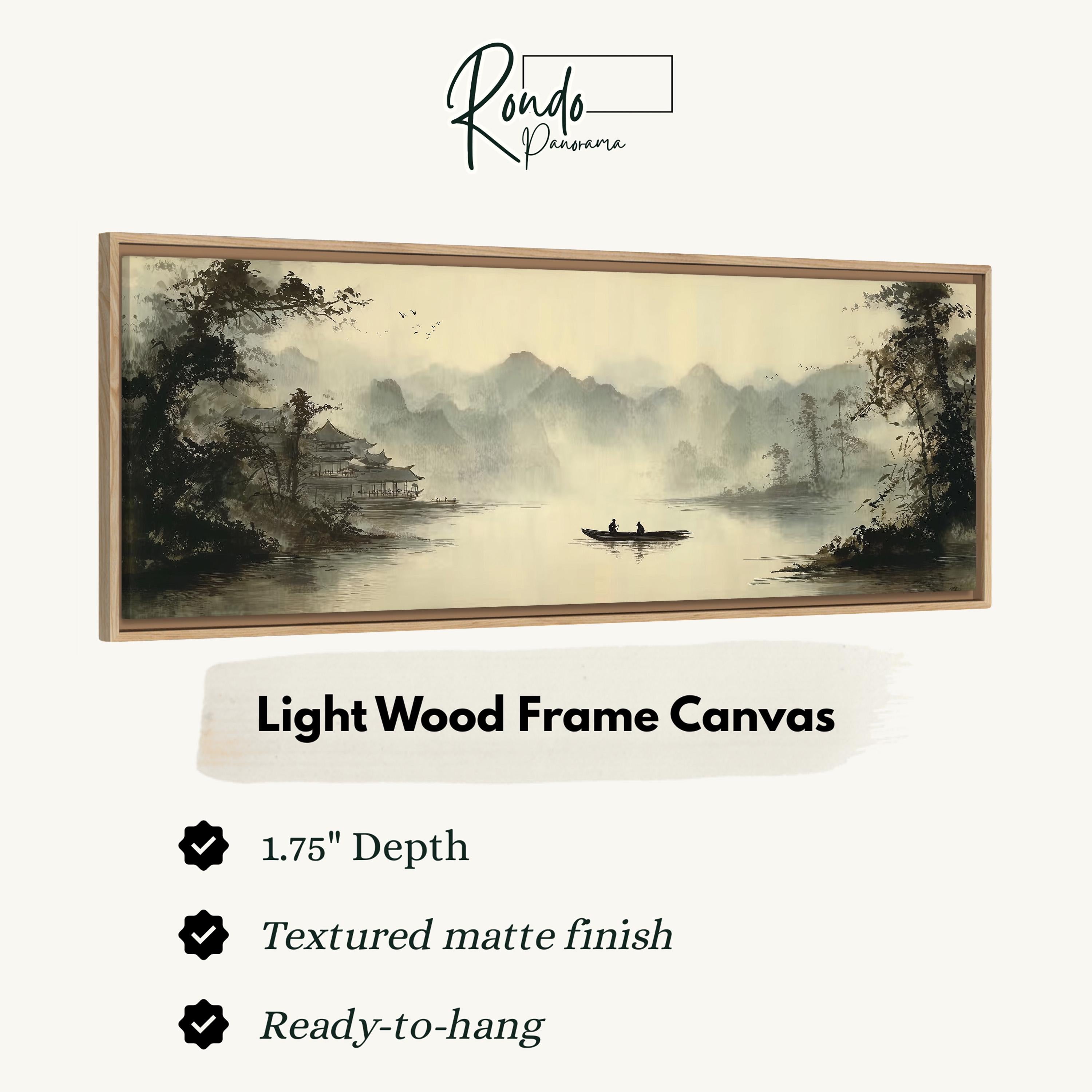 The image is a framed artwork depicting a serene landscape with a boat on a lake surrounded by mountains. The artwork is described as a light wood frame canvas with a 1.75" depth, a textured matte finish, and is ready to hang.