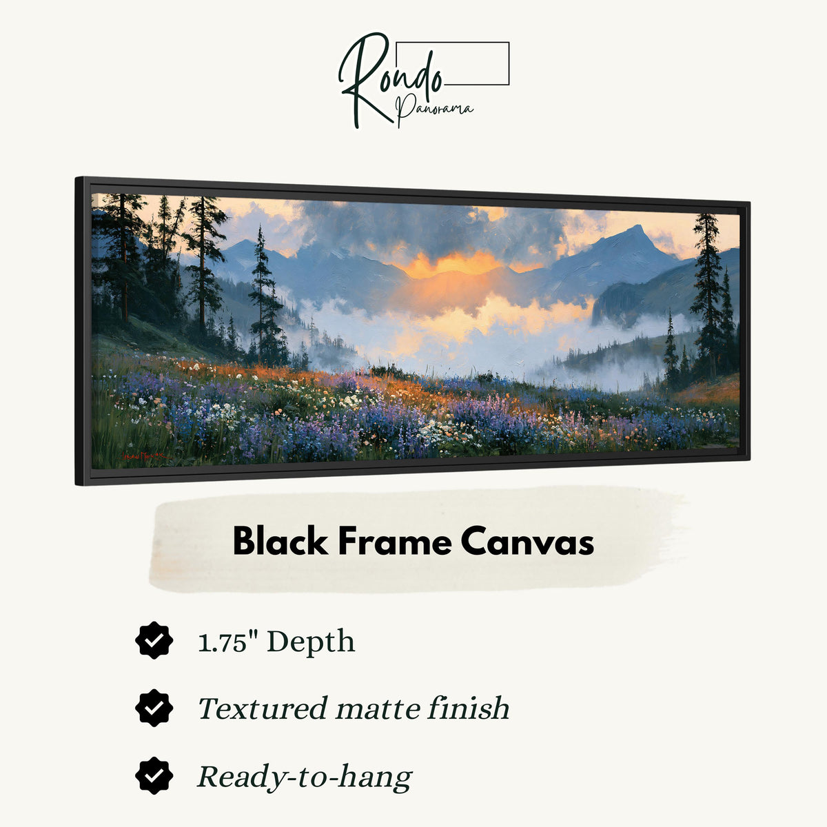 Alpine wildflower meadow at sunset canvas print in a black floating frame