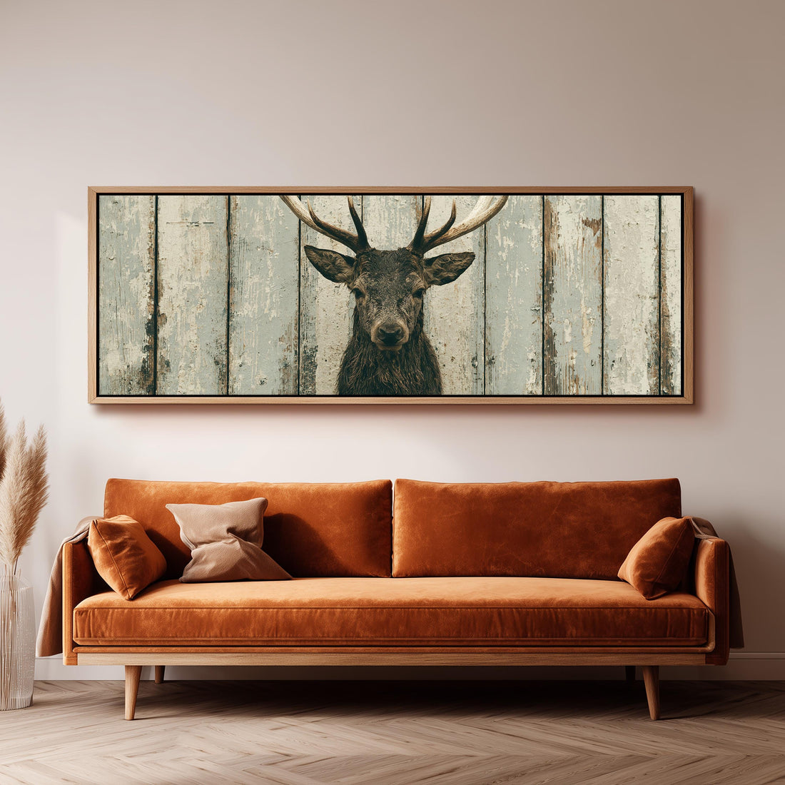 Deer portrait on weathered wood long horizontal canvas print above a sofa in a living room