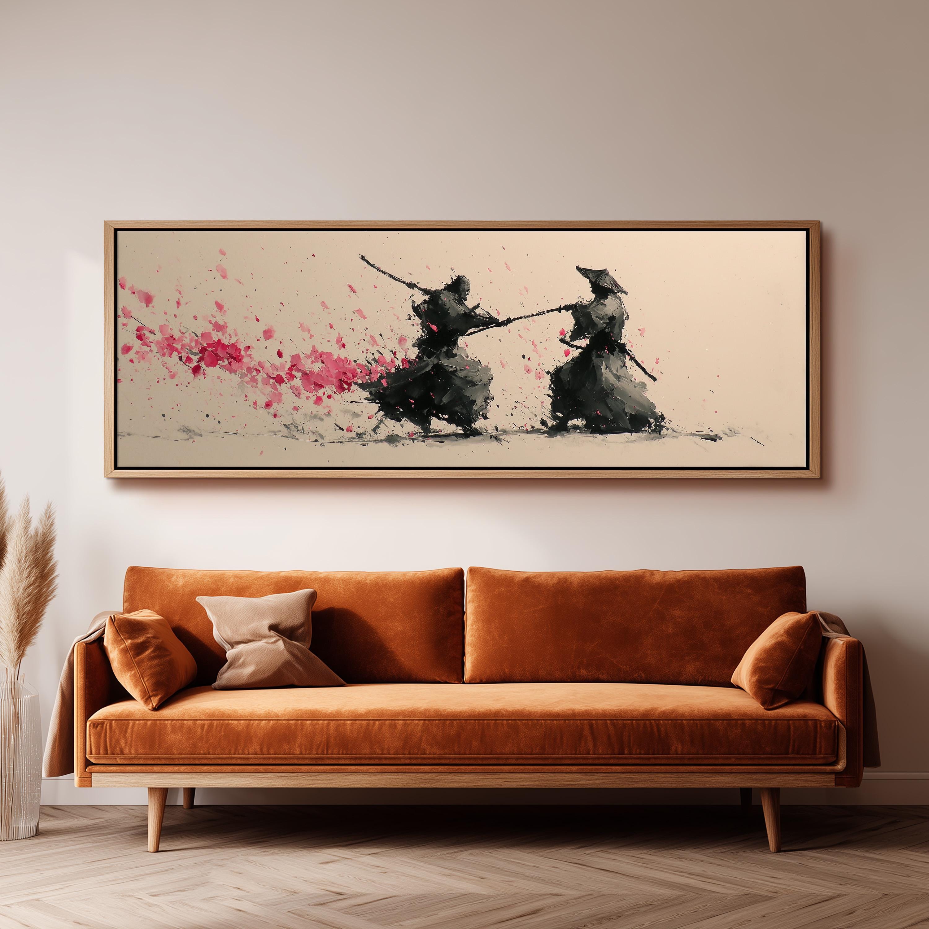 a large, framed painting of two figures engaged in a sword fight, with pink splatters around them. The painting is hanging on a wall above a brown sofa.
