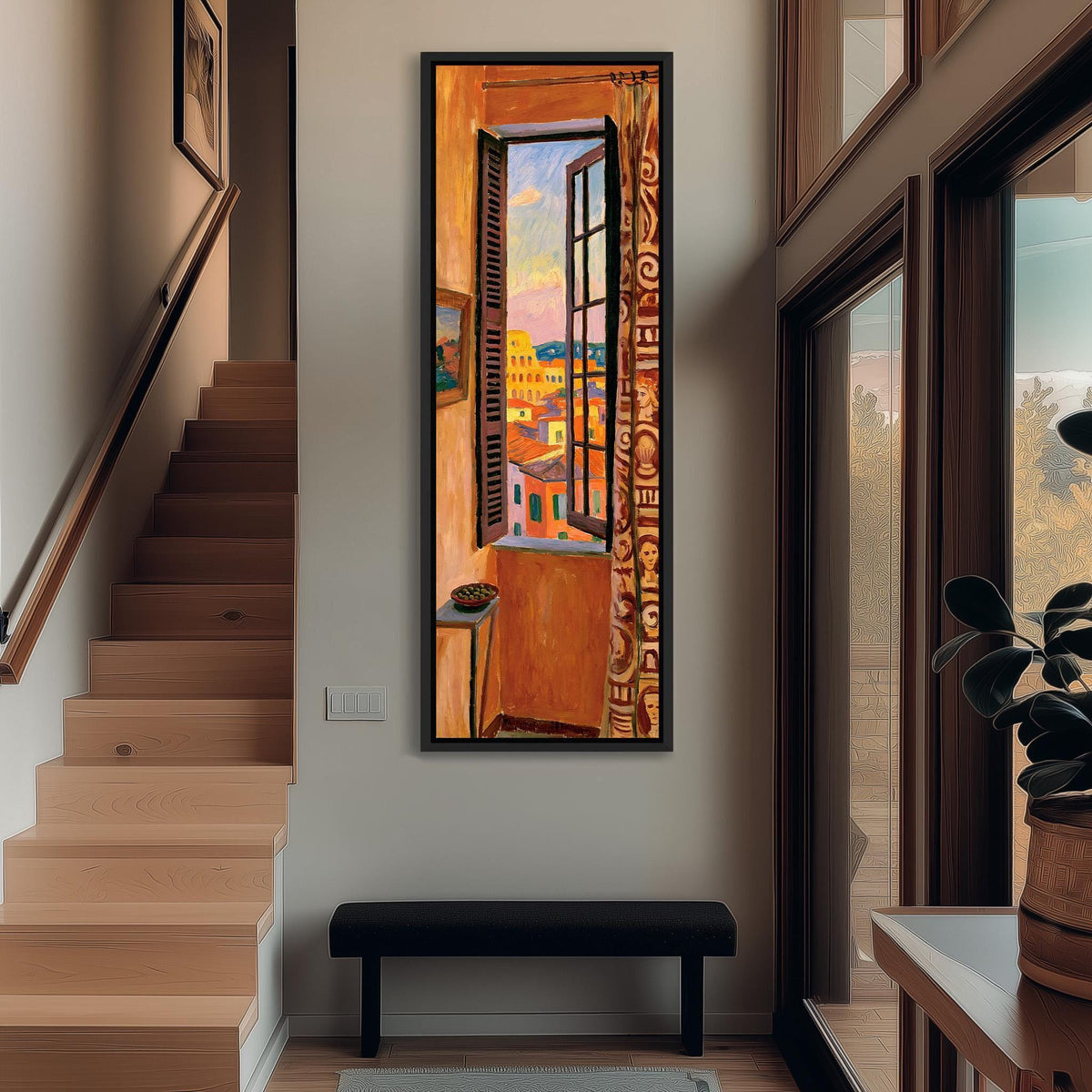 Rome's Colosseum through a tall orange room window tall narrow canvas print beside a staircase in an entryway