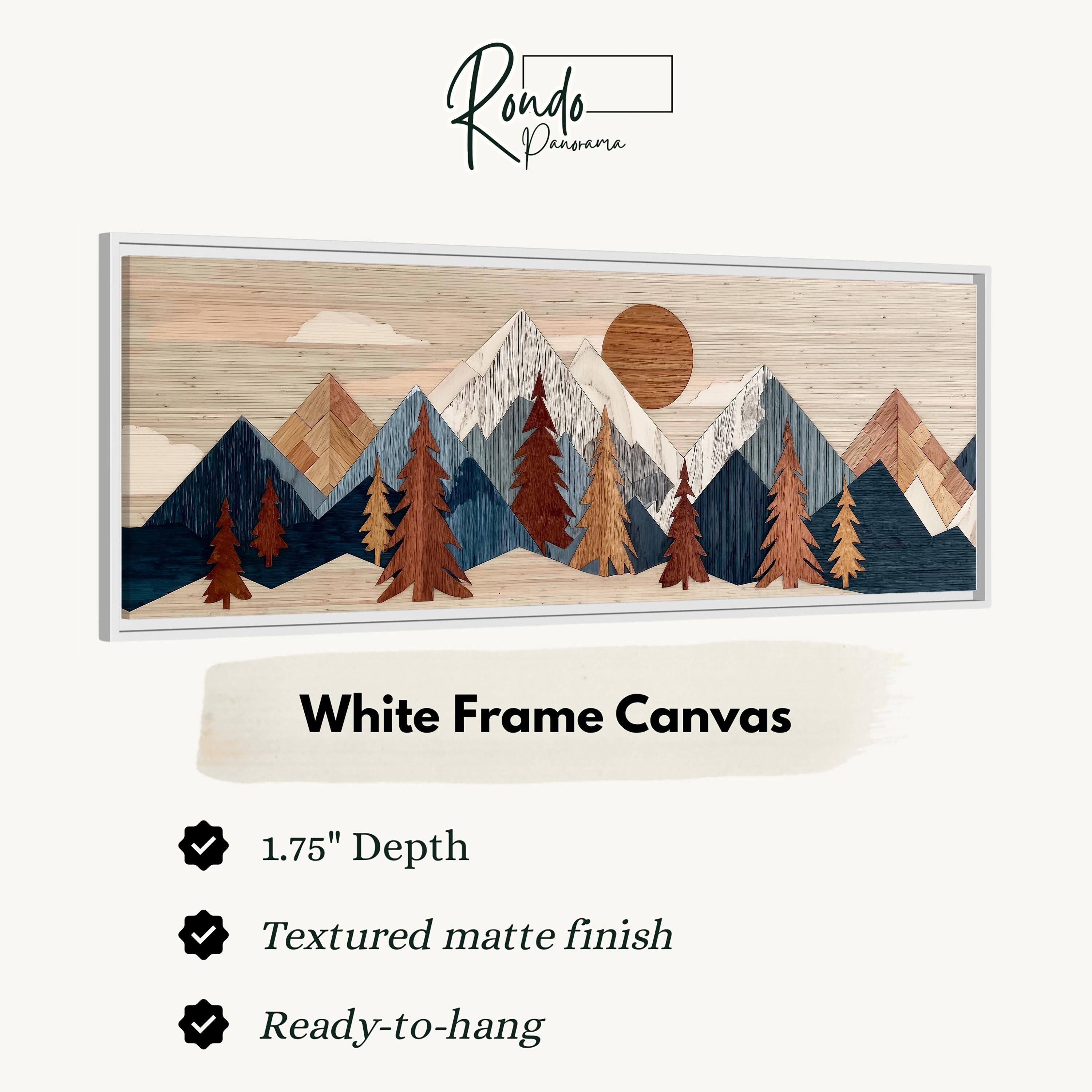 The image is a white frame canvas depicting a mountain landscape with pine trees and a sun.