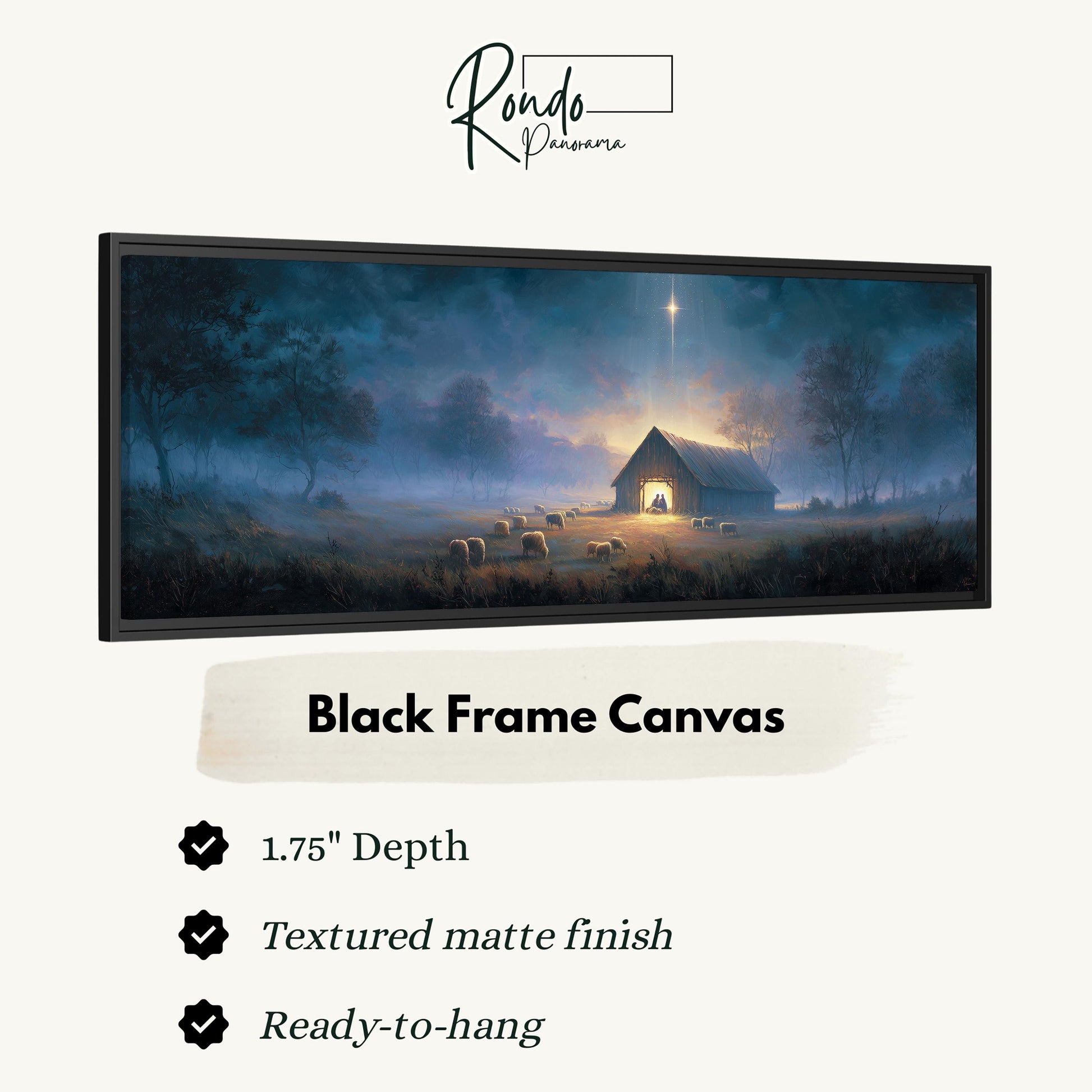 The image is a black frame canvas depicting a serene landscape with a barn, trees, and a starry sky.