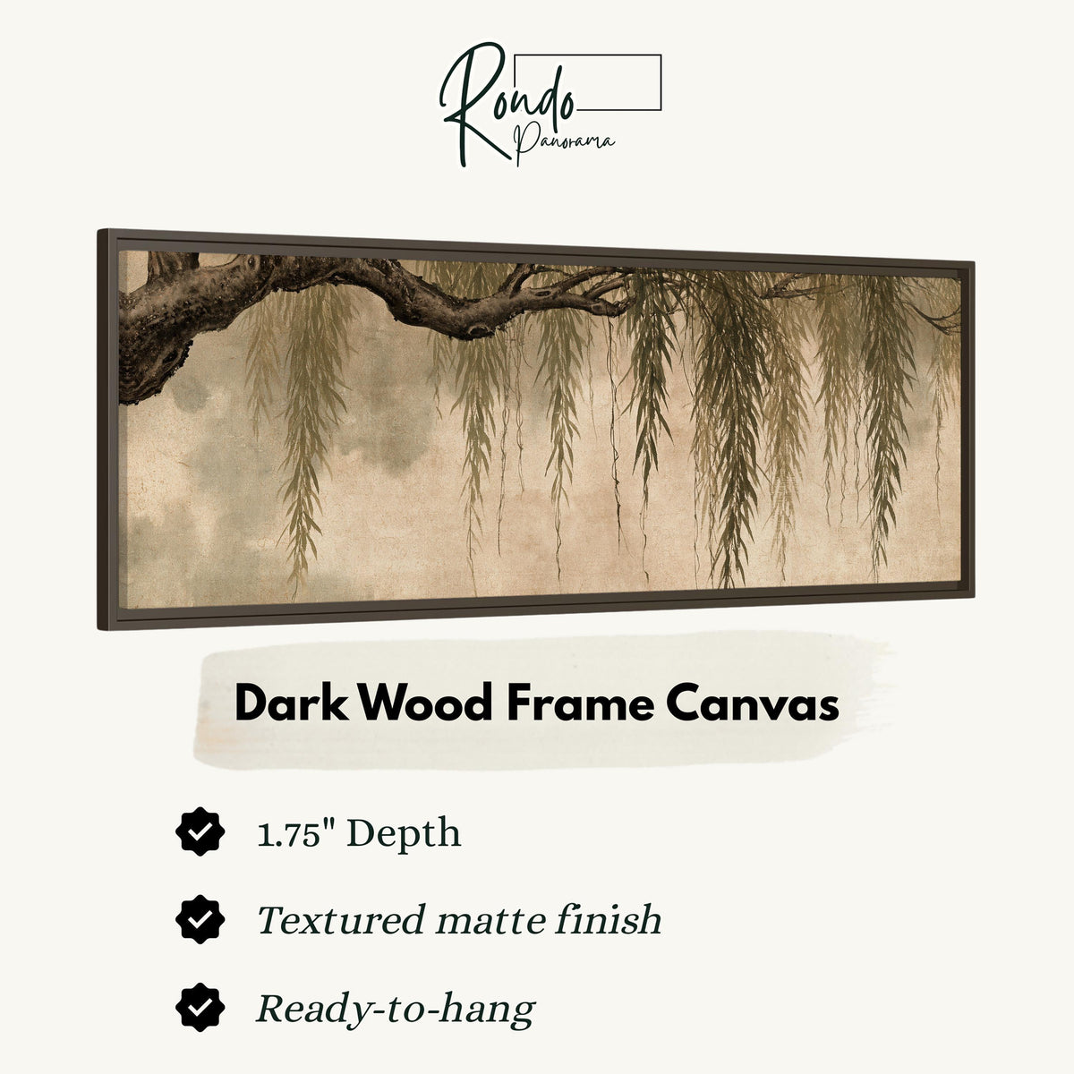 Hanging willow branches canvas print in a dark wood floating frame
