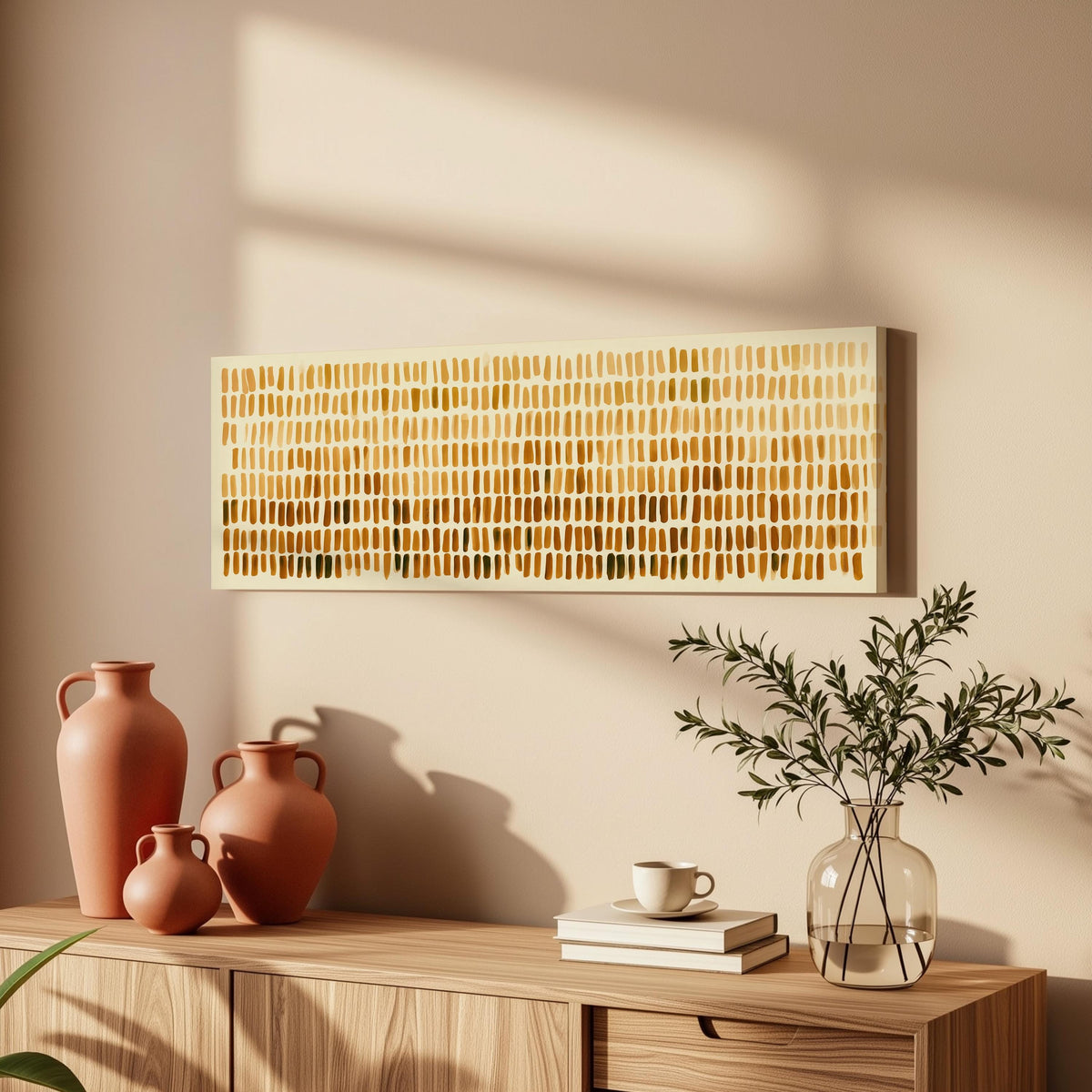 Brushmarks fading from cream to amber long horizontal canvas print above a wooden sideboard