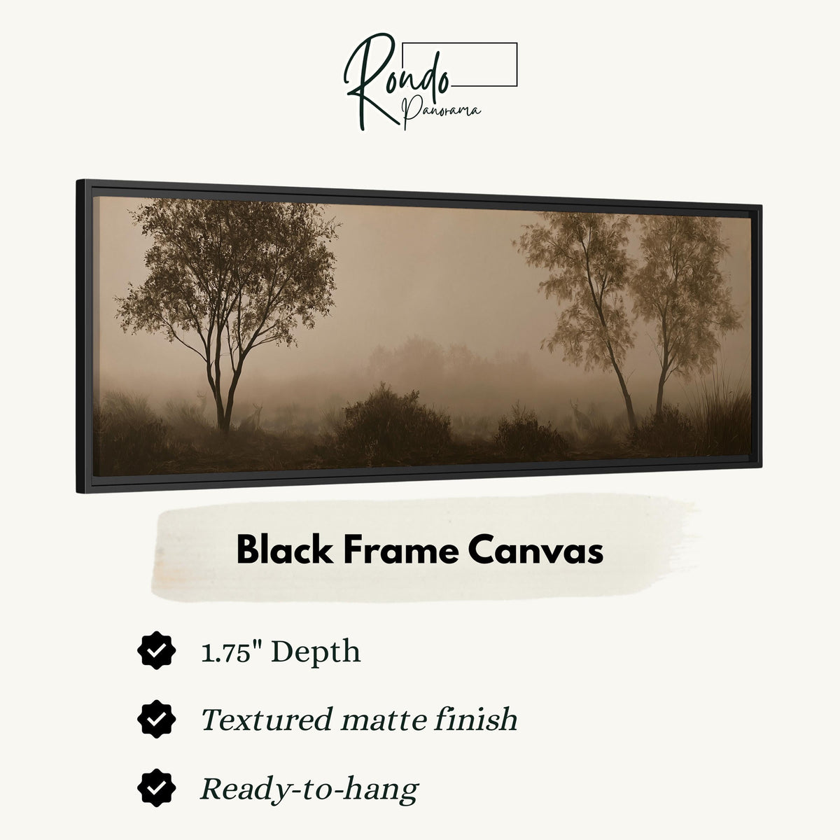 Two trees in sepia fog canvas print in a black floating frame