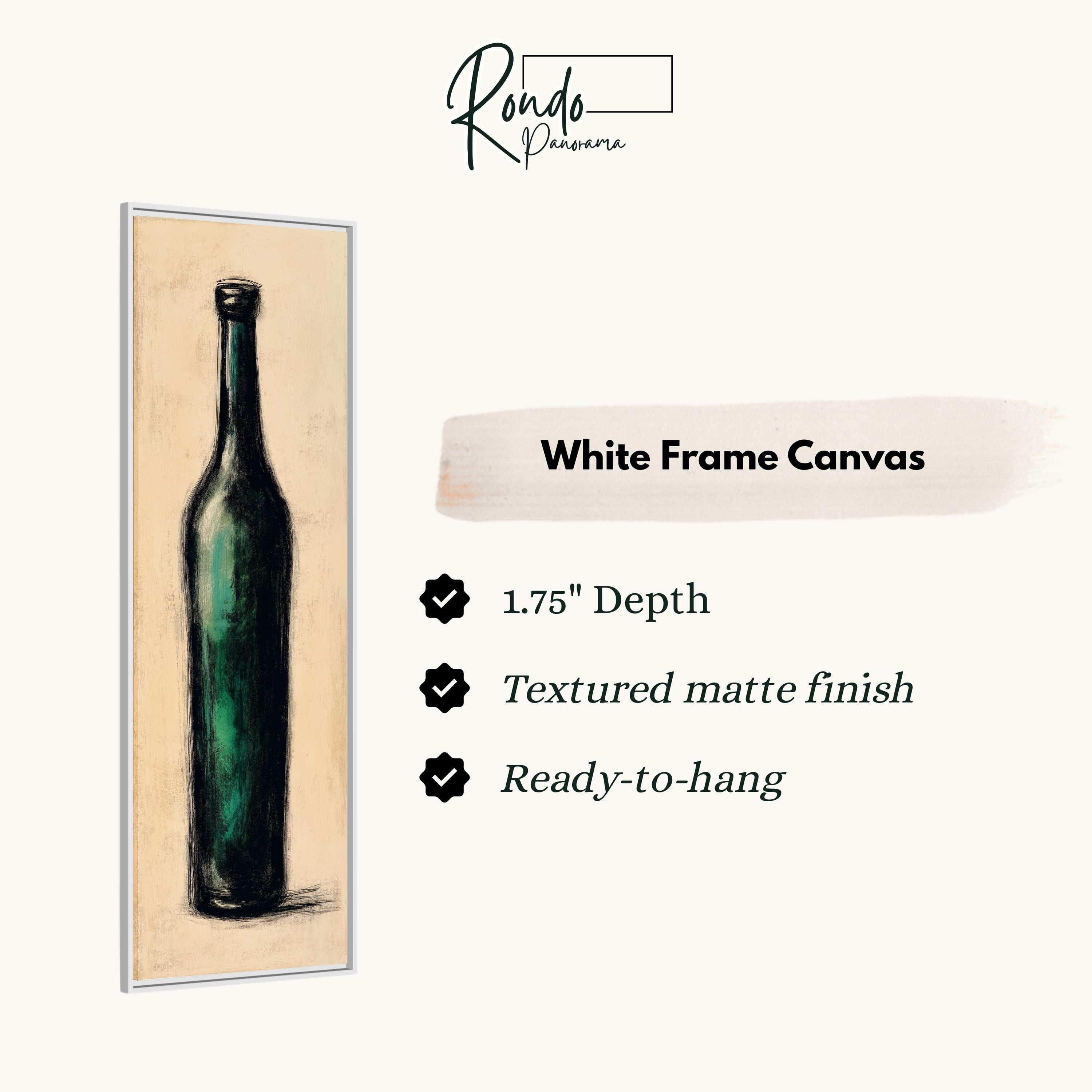 a white frame canvas with a depiction of a green bottle.