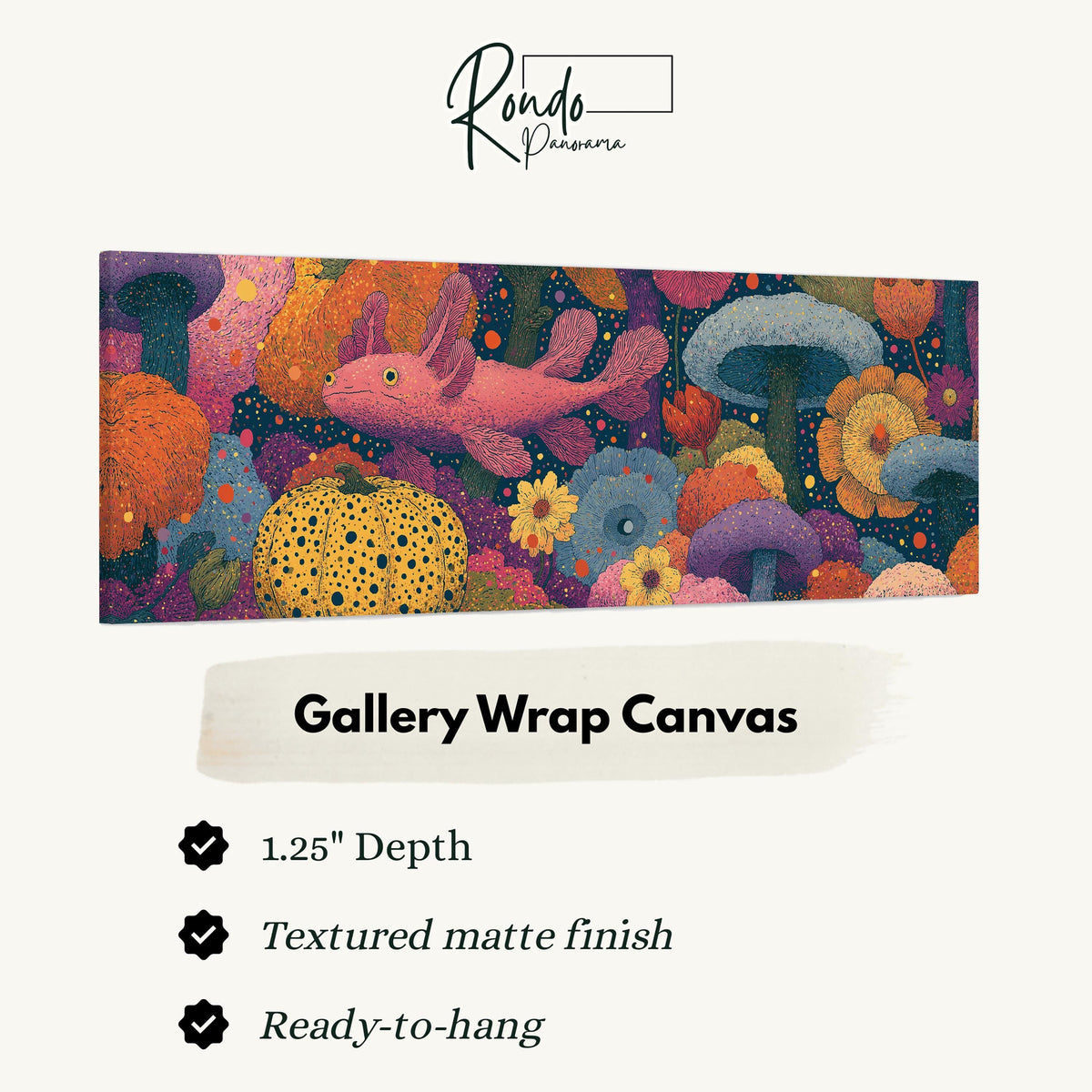 Fantasy mushrooms with a pink creature gallery wrap canvas with the image wrapped around the edges