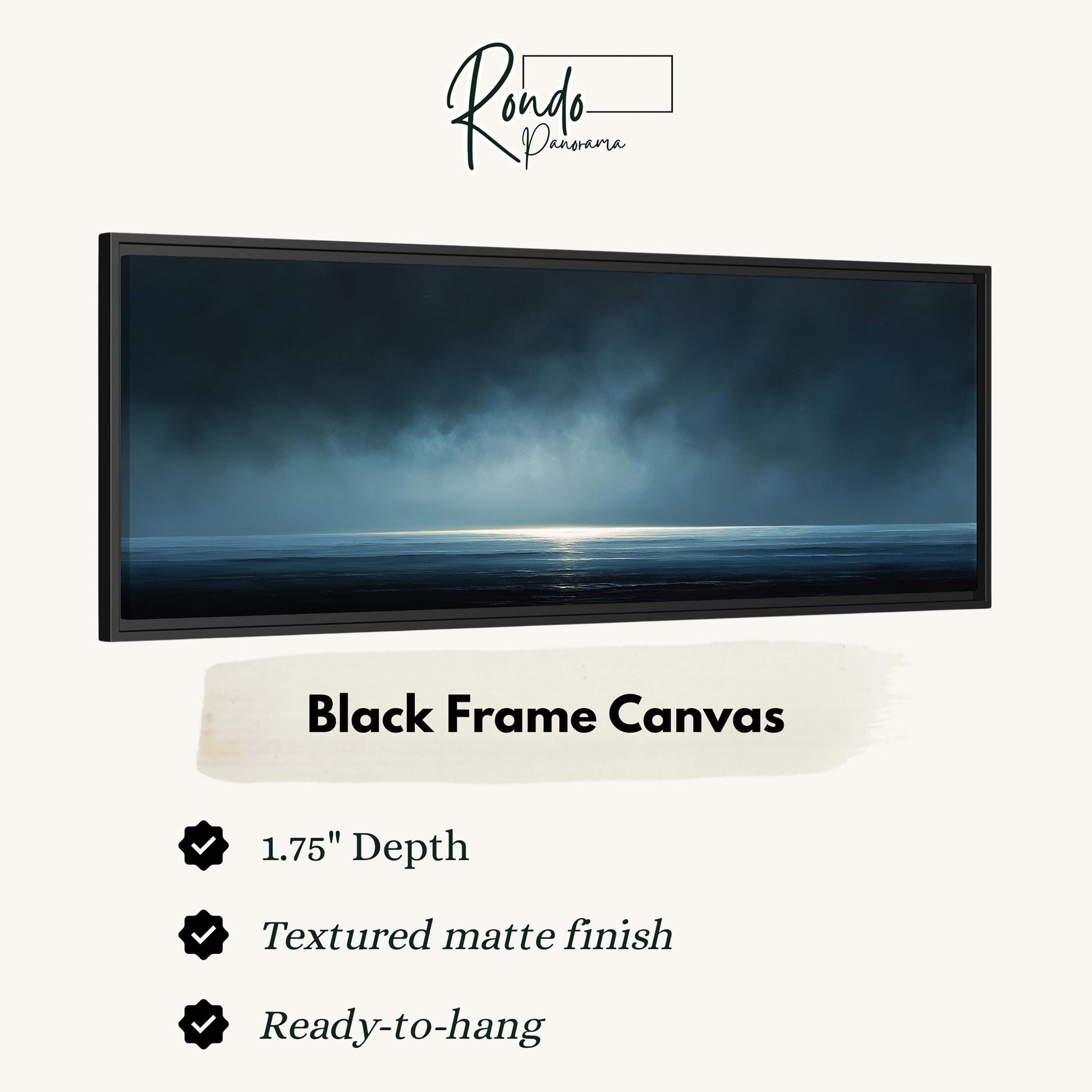 The image is a black frame canvas depicting a serene landscape with a body of water and a bright light in the distance.