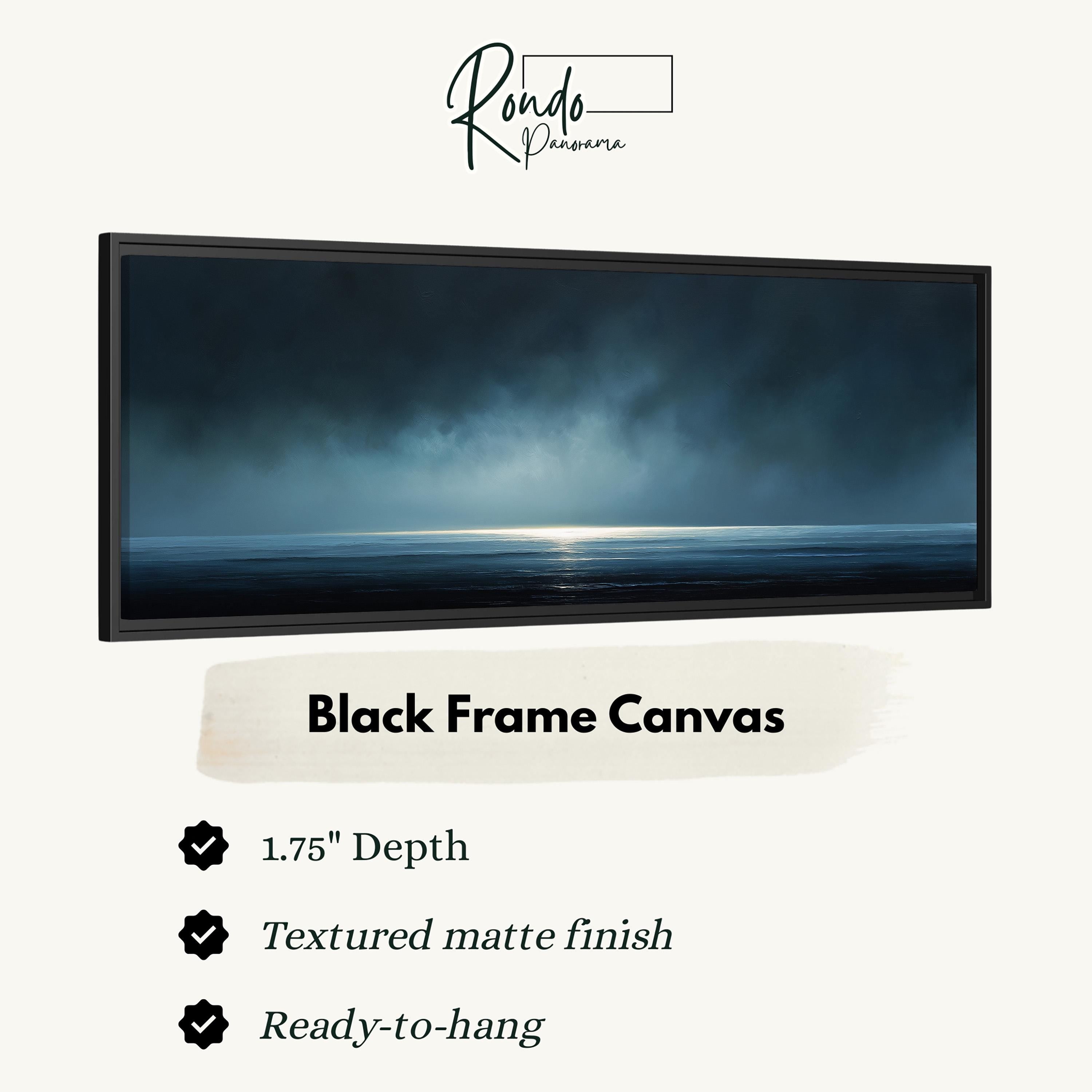 The image is a black frame canvas depicting a serene landscape with a body of water and a bright light in the distance.