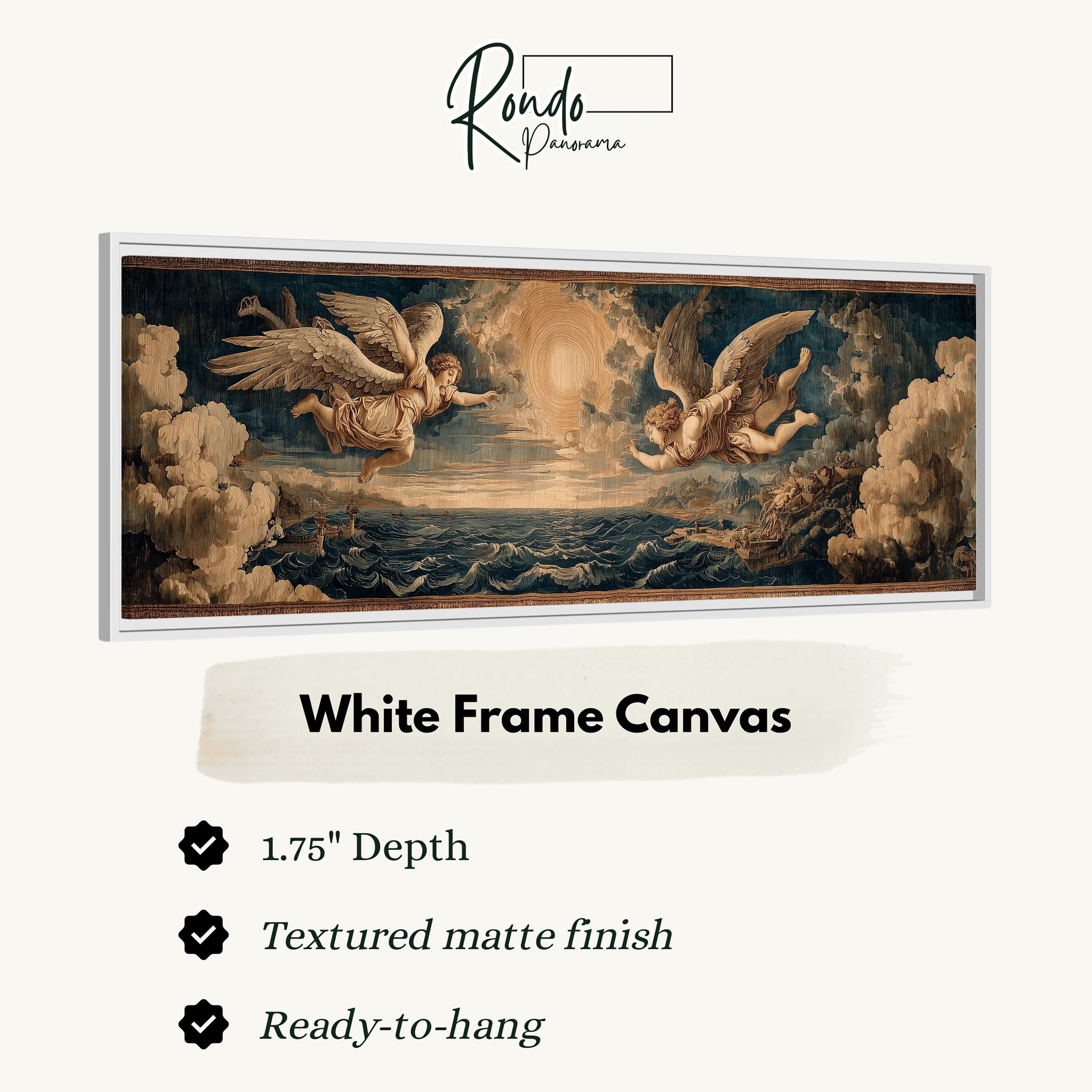 The image is a framed artwork depicting two winged figures against a cloudy sky background.