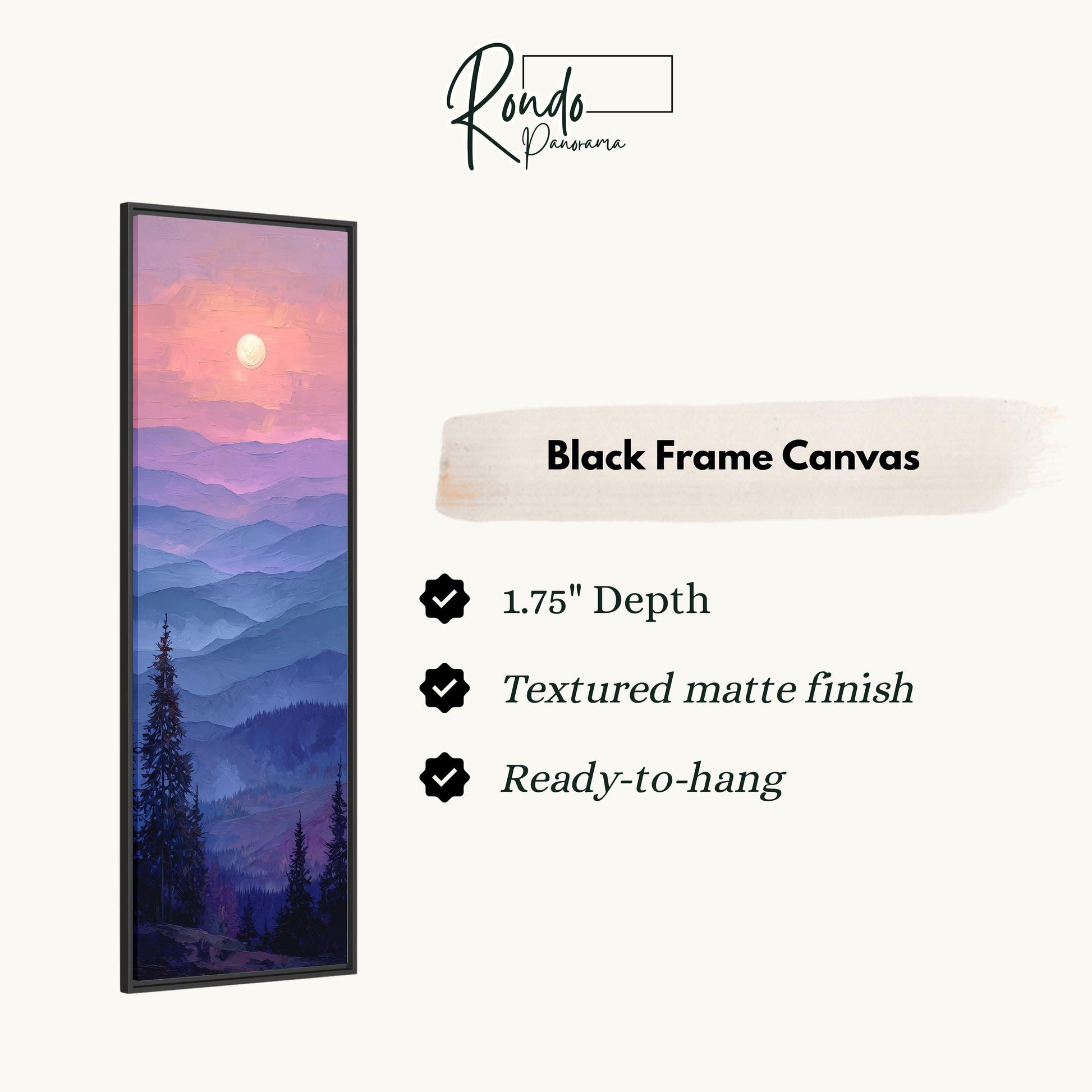 The image is a black frame canvas depicting a mountain landscape with a sunset.