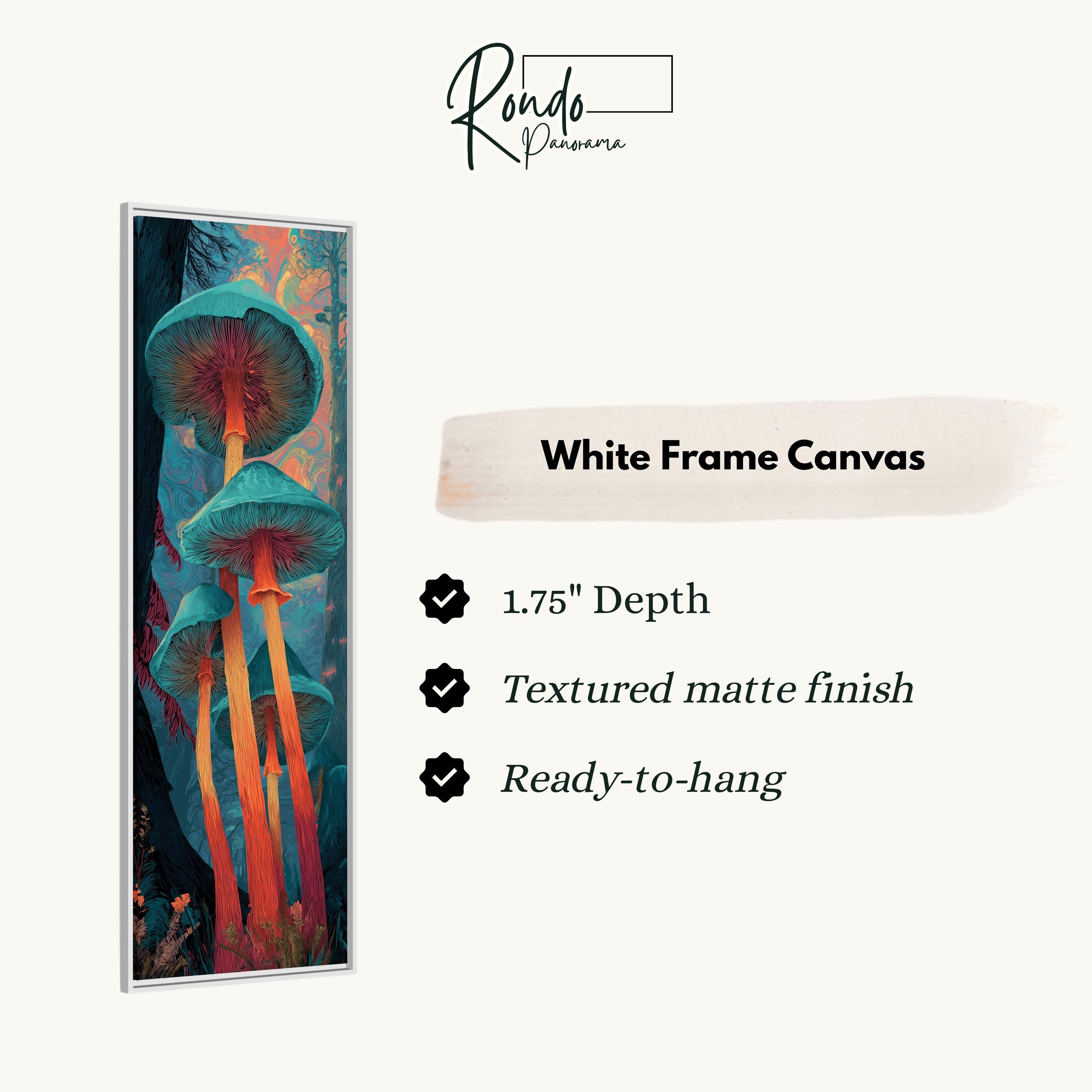 The image is a white frame canvas featuring a vibrant, colorful mushroom-like creature with multiple orange and green elements.