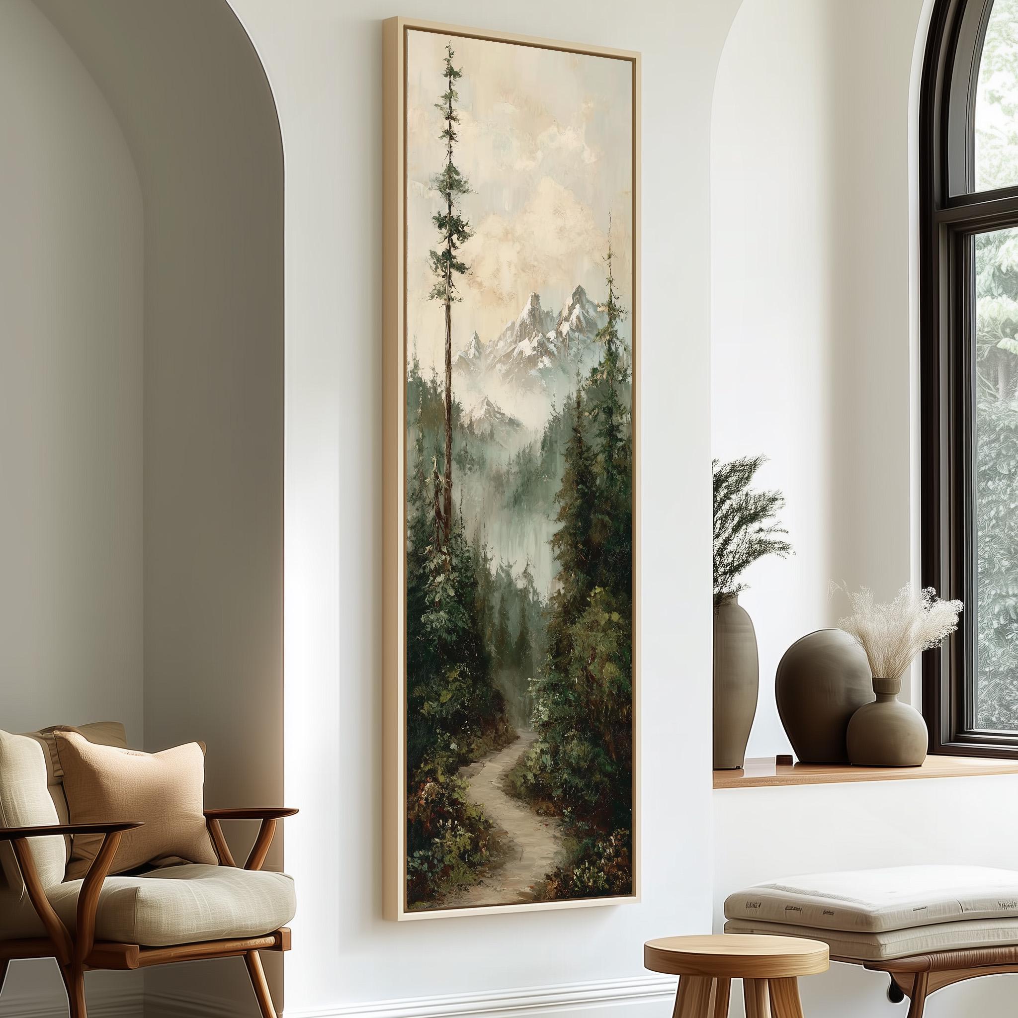 a large painting of a forest scene hanging on a wall, with a mountain range visible in the background. The painting is framed and appears to be the focal point of the room.