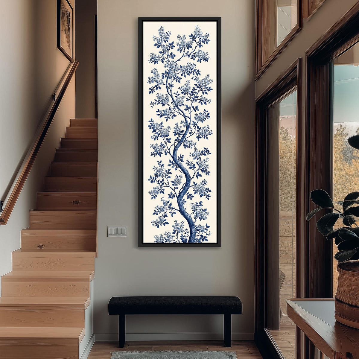 Blue chinoiserie blossom branch on cream tall narrow canvas print beside a staircase in an entryway