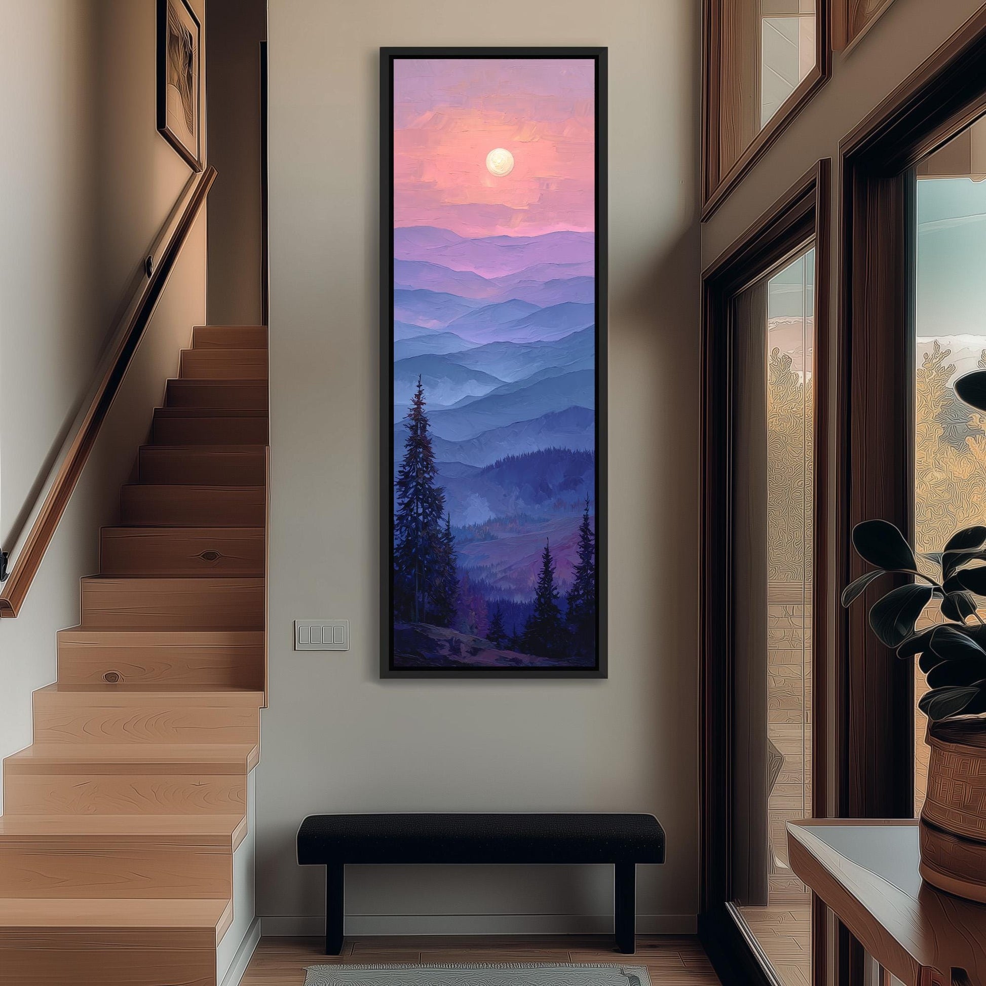 a large, colorful painting of a mountain landscape hanging on the wall of a room with wooden stairs and a bench.