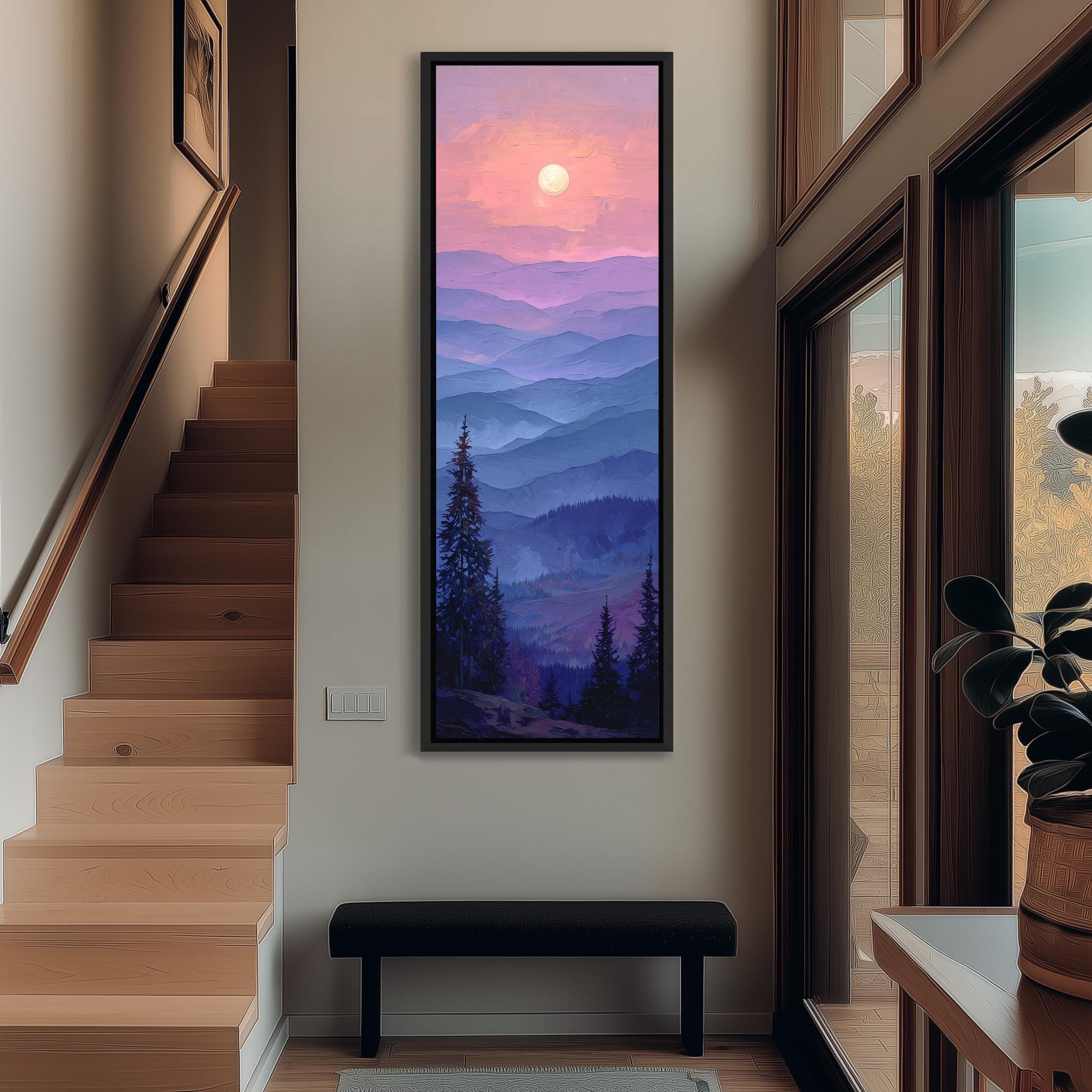 a large, colorful painting of a mountain landscape hanging on the wall of a room with wooden stairs and a bench.