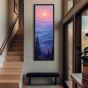 a large, colorful painting of a mountain landscape hanging on the wall of a room with wooden stairs and a bench.