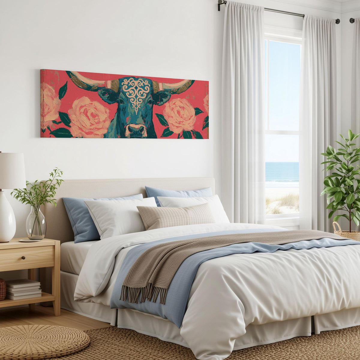 Longhorn with pink roses panoramic canvas print above a bed in a coastal bedroom