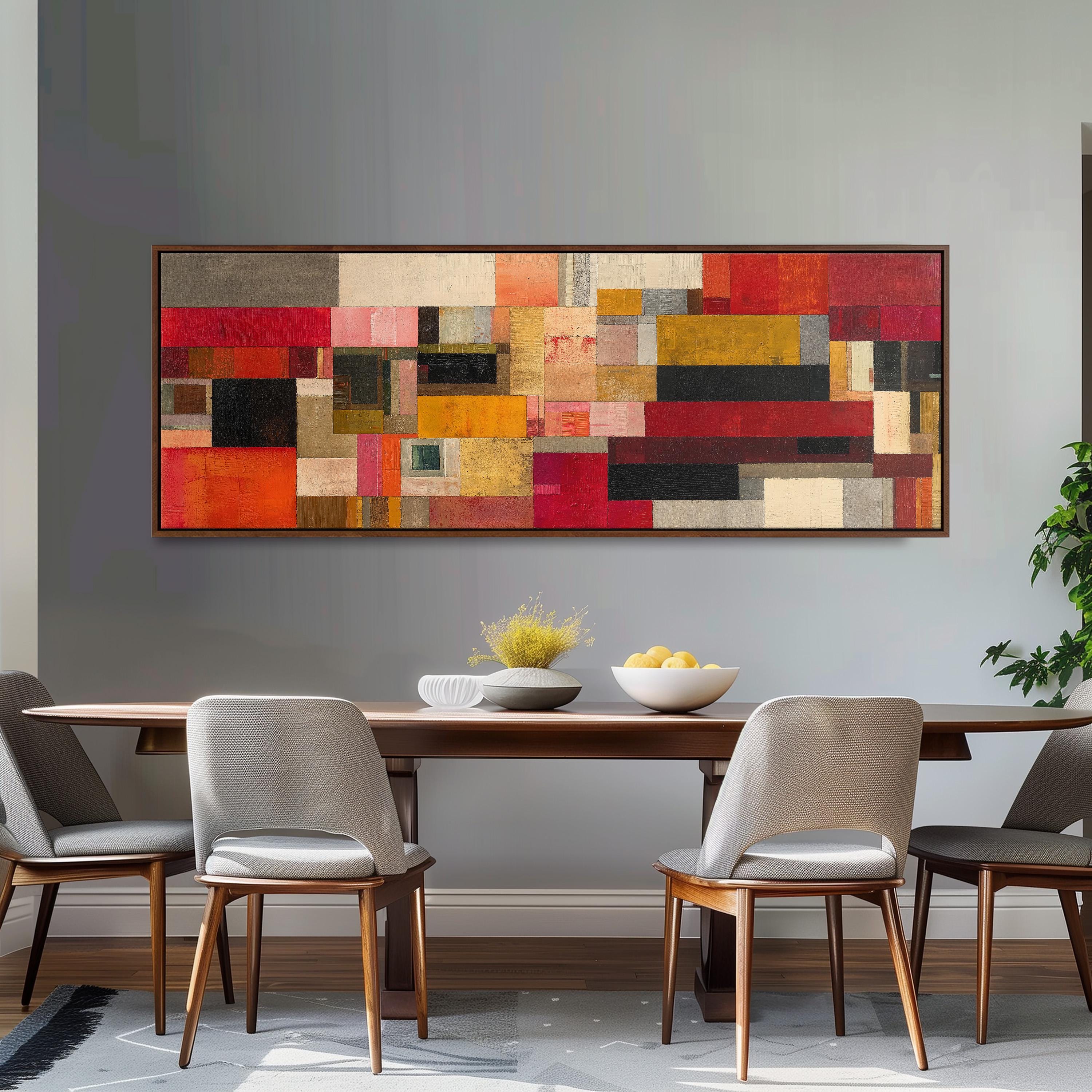 a modern dining room with a large abstract painting hanging on the wall above a wooden dining table. The table is set with a bowl of fruit and a vase of flowers, creating a warm and inviting atmosphere. The room is furnished with four chairs, two on each side of the table, and a potted plant is placed on the right side of the room.