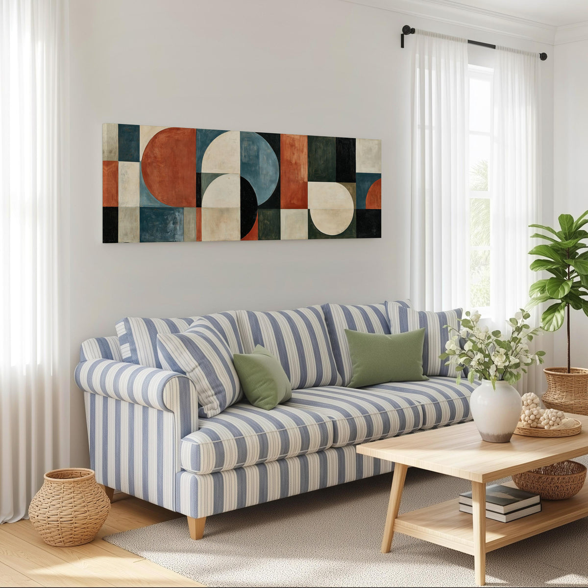 Rust and blue geometric arches and circles long horizontal canvas print above a striped sofa in a coastal living room