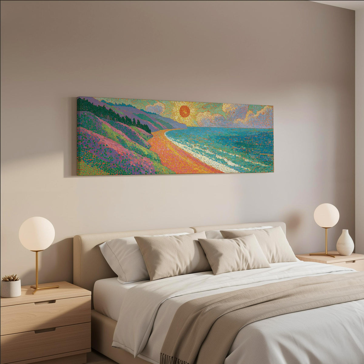 Coastal cliffs at sunset wide panoramic canvas print above a bed in a neutral bedroom