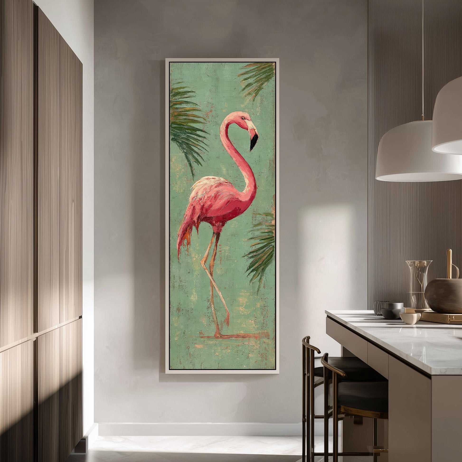 a large framed painting of a pink flamingo standing on one leg, surrounded by palm leaves, hanging on a wall in a modern kitchen.