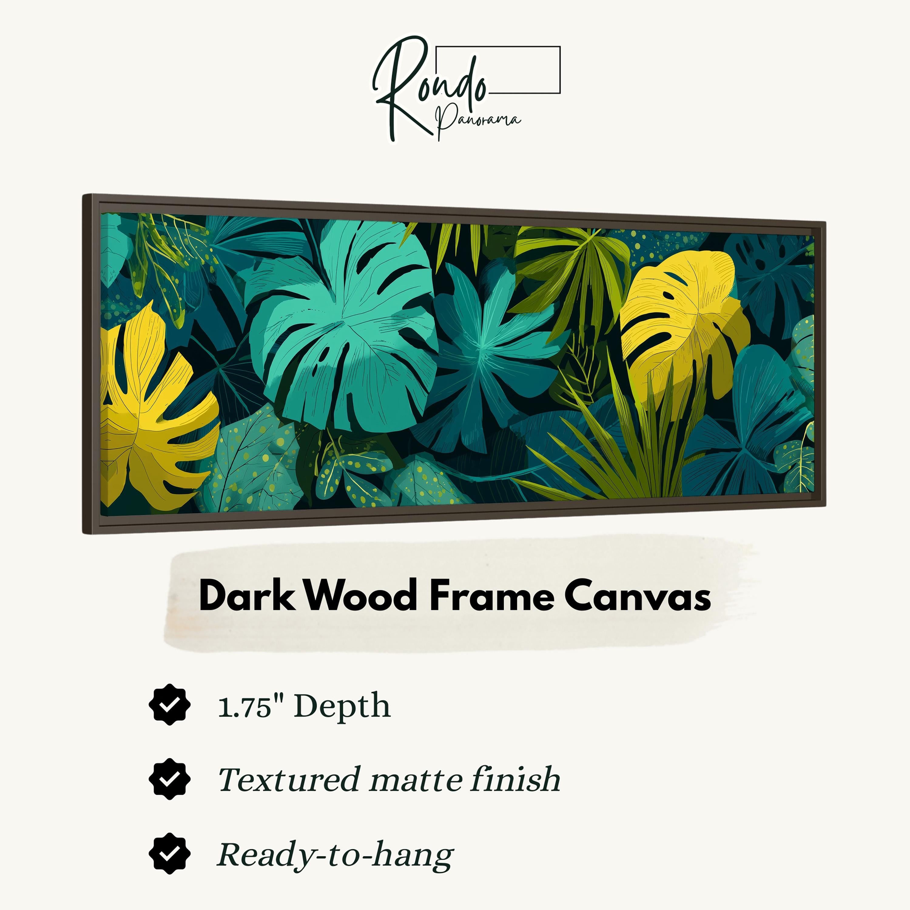 The image is a framed canvas depicting a tropical plant scene with various shades of green and yellow leaves and flowers.