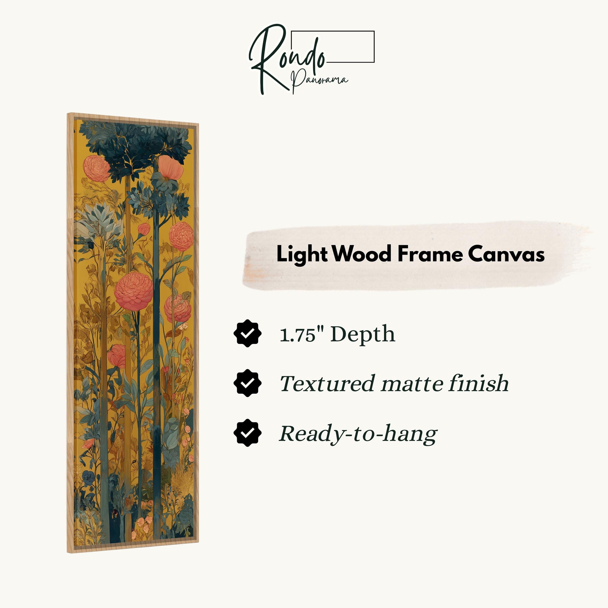 The image is a light wood frame canvas featuring a vibrant floral design with pink and green flowers.