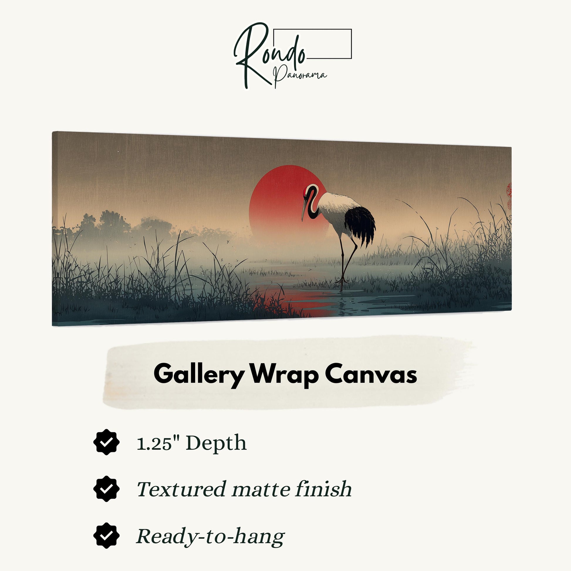 The image is a painting of a crane standing in a field with a red sun in the background.